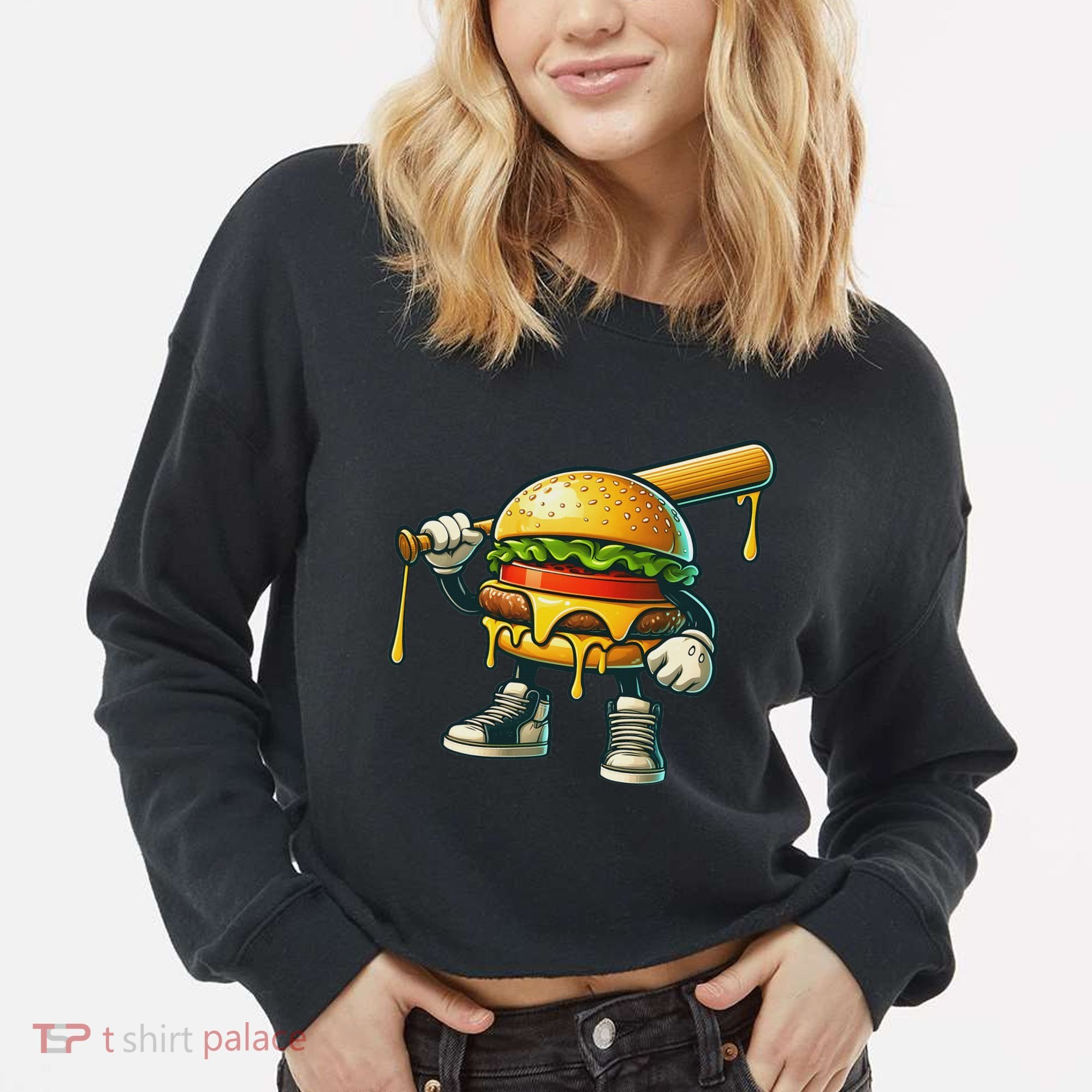 Funny Hamburger For Women Cheeseburger Lover Cropped Pullover Crew