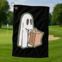 Funny Halloween Ghost with Candy Bag Golf Towel thumb 1