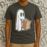 Funny Halloween Ghost with Candy Bag T-Shirt thumb 3