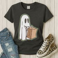 Funny Halloween Ghost with Candy Bag Women's T-Shirt thumb 3