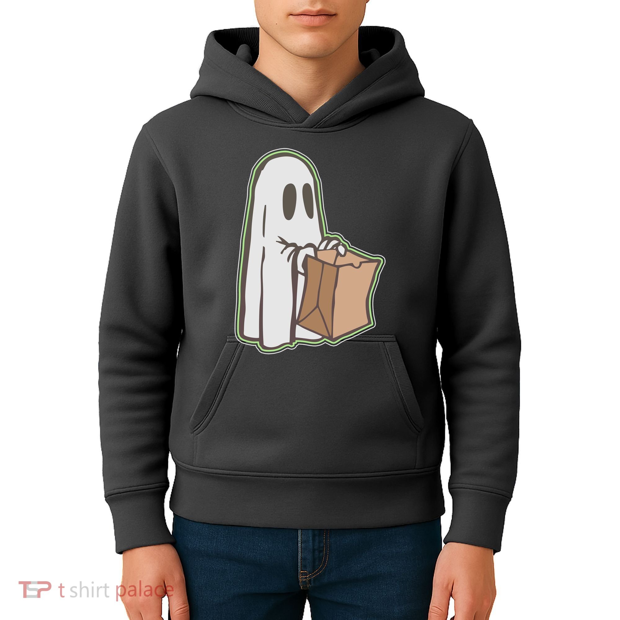 Funny Halloween Ghost with Candy Bag Kids Hoodie