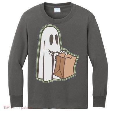 Funny Halloween Ghost with Candy Bag Kids Long Sleeve Shirt