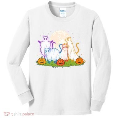 Funny Halloween Ghost Cats Kids Long Sleeve Shirt