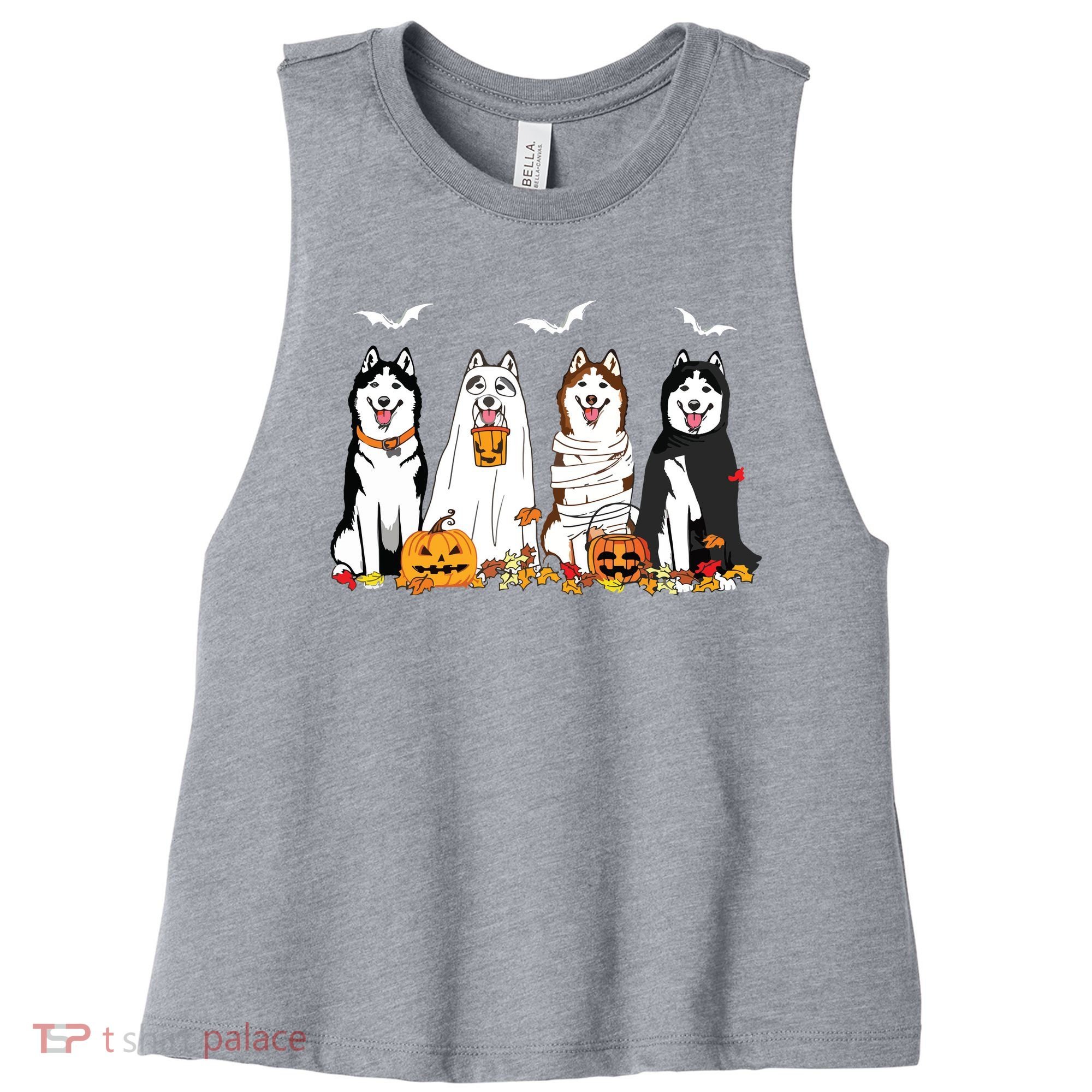 Funny Husky Ghost Dogs Halloween Husky Dog Mom Husky Lover Women's Racerback Cropped Tank