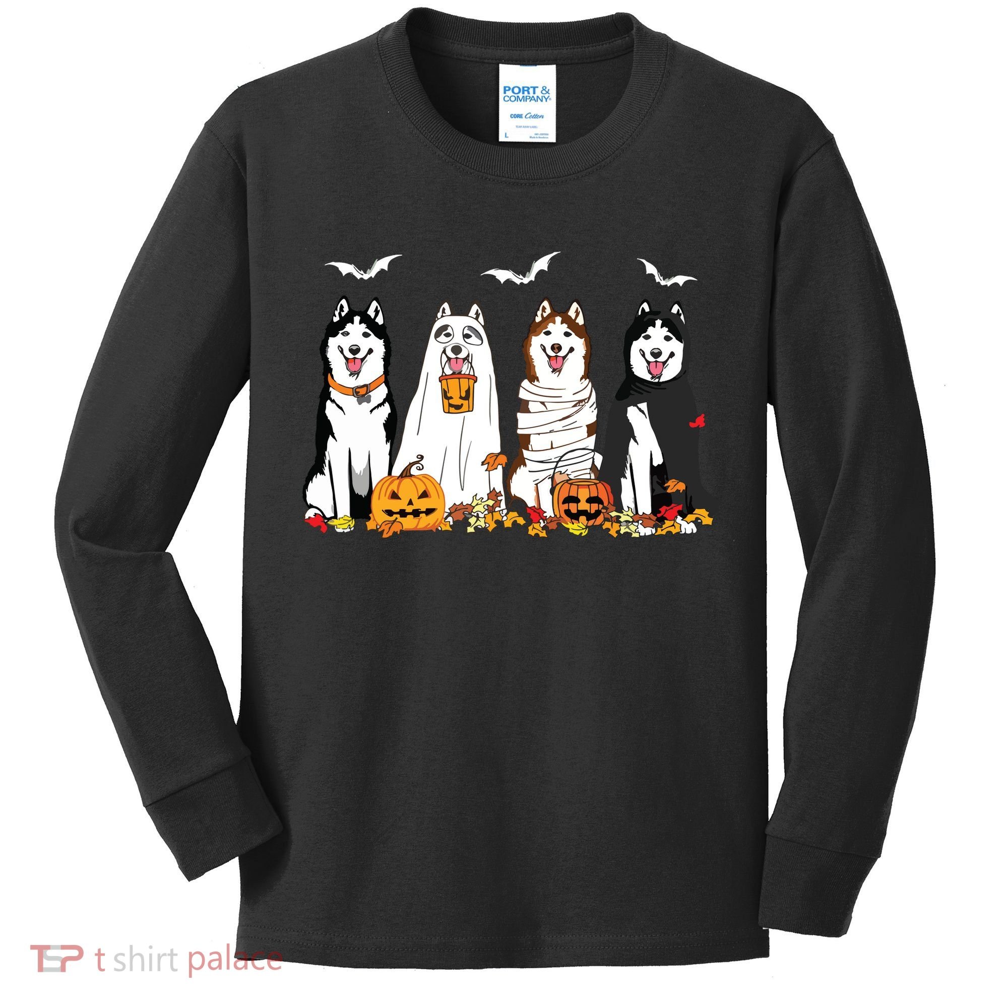 Funny Husky Ghost Dogs Halloween Husky Dog Mom Husky Lover Kids Long Sleeve Shirt