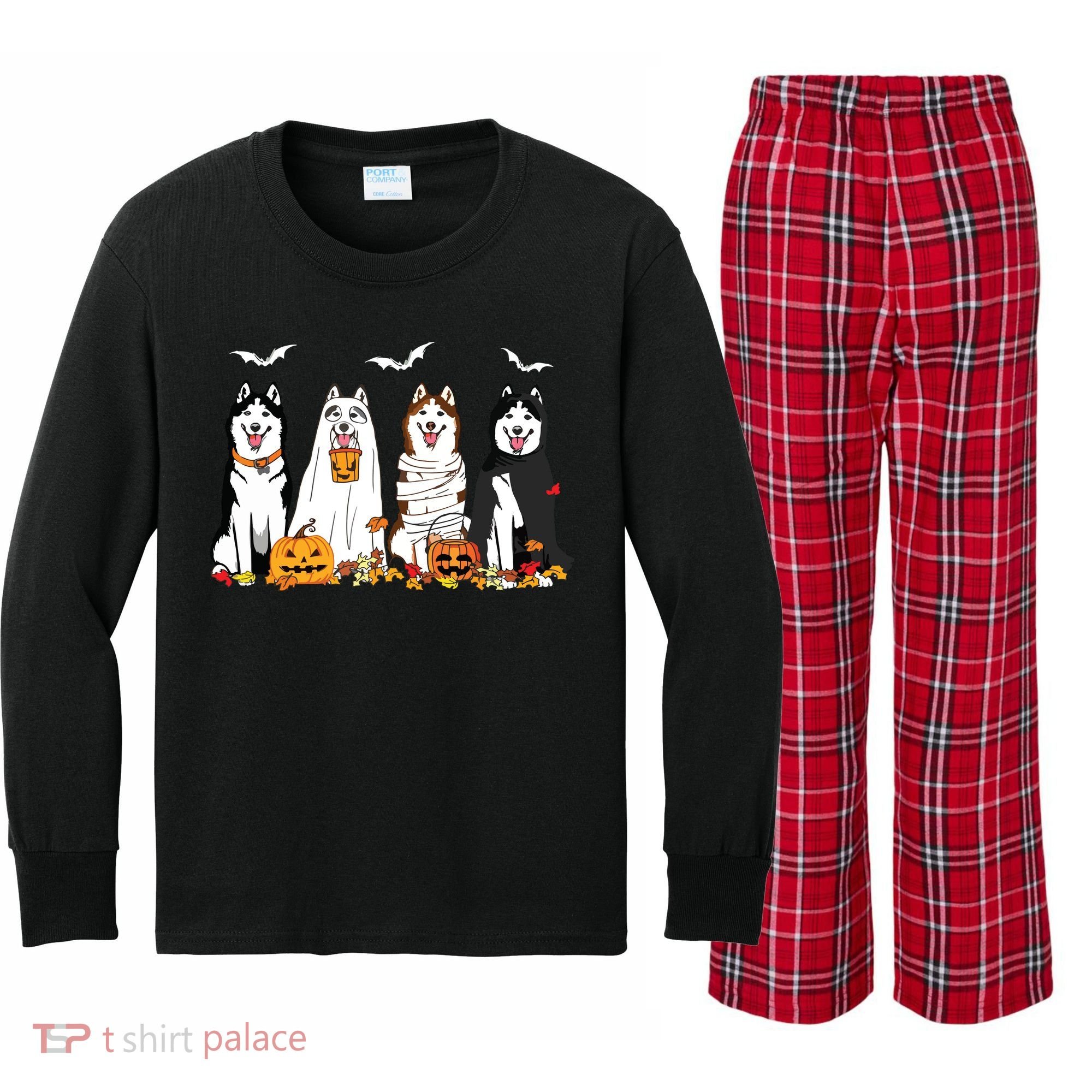 Funny Husky Ghost Dogs Halloween Husky Dog Mom Husky Lover Kids Long Sleeve Plaid Pajama Set