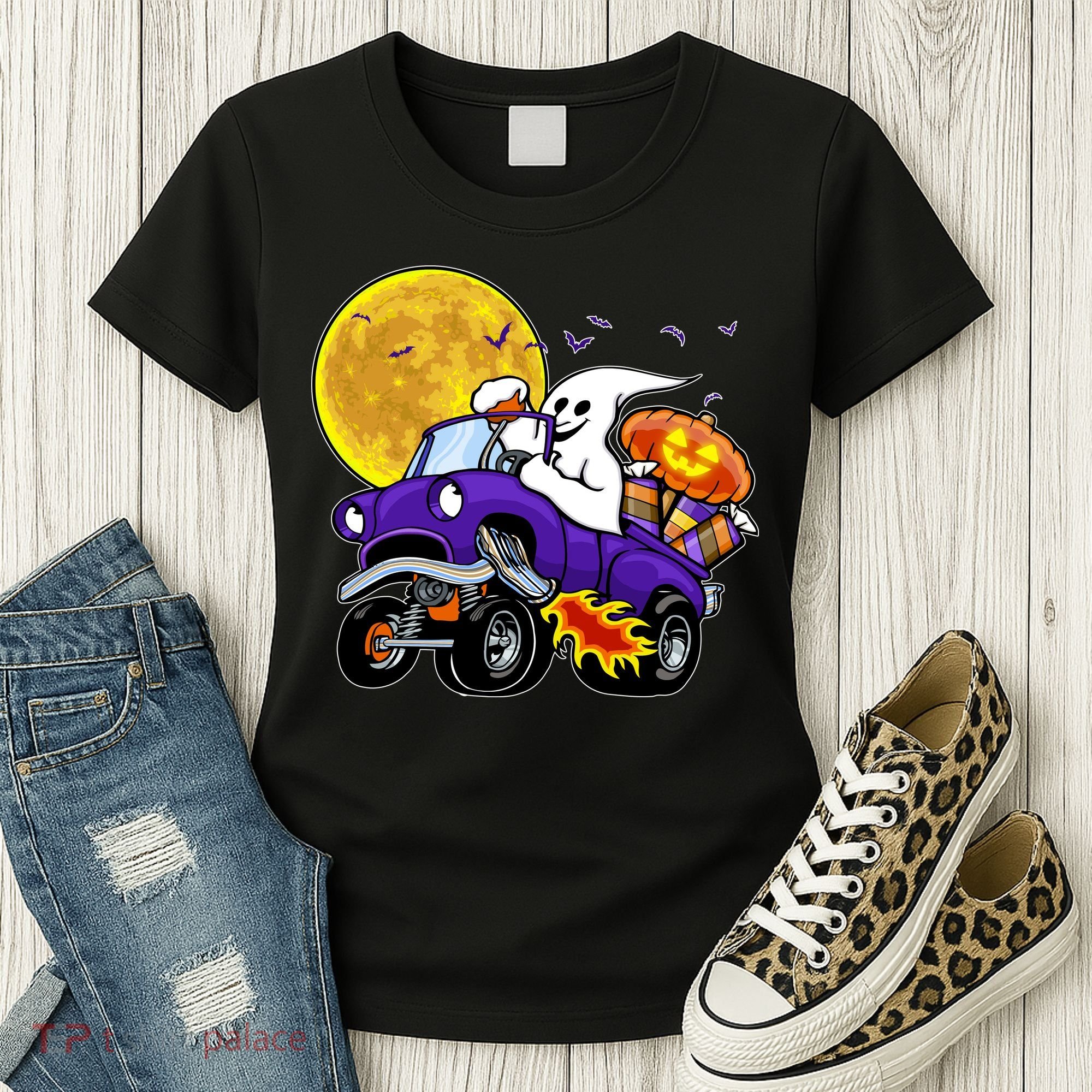 Funny Halloween Ghost Muscle Car Women's T-Shirt