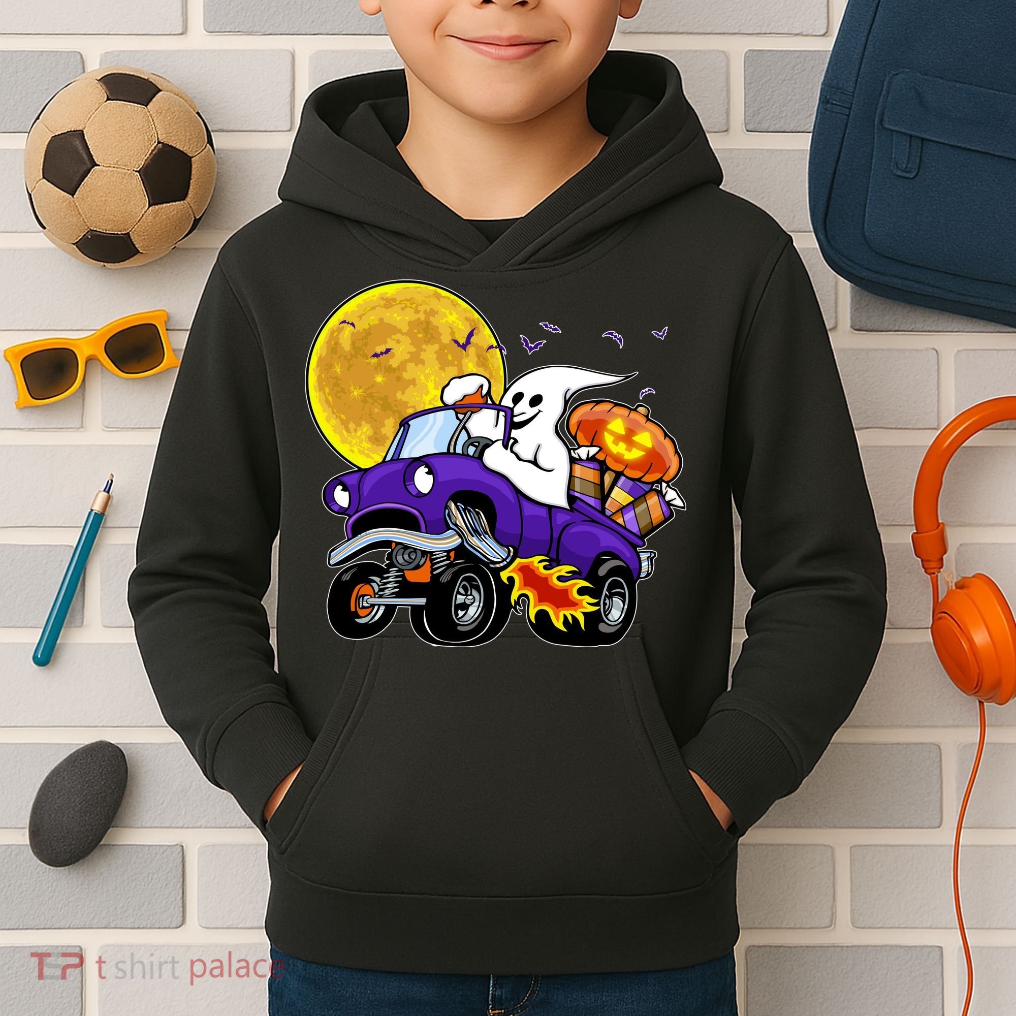 Funny Halloween Ghost Muscle Car Kids Hoodie