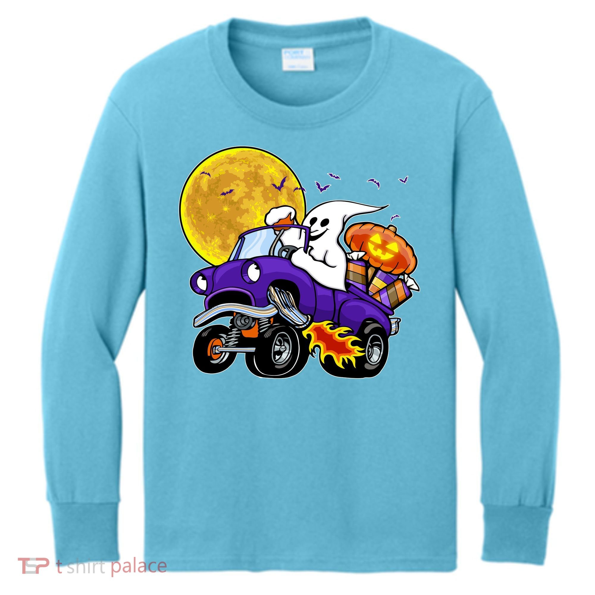 Funny Halloween Ghost Muscle Car Kids Long Sleeve Shirt