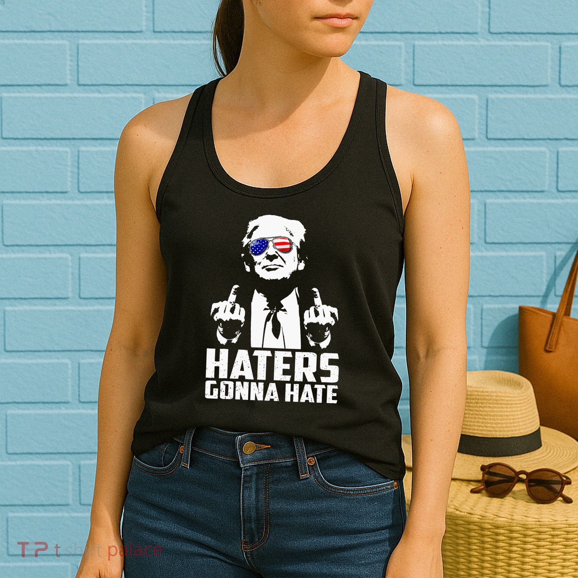 Funny Haters Gonna Hate President Donald Trump Middle Finger Women's Tank Top