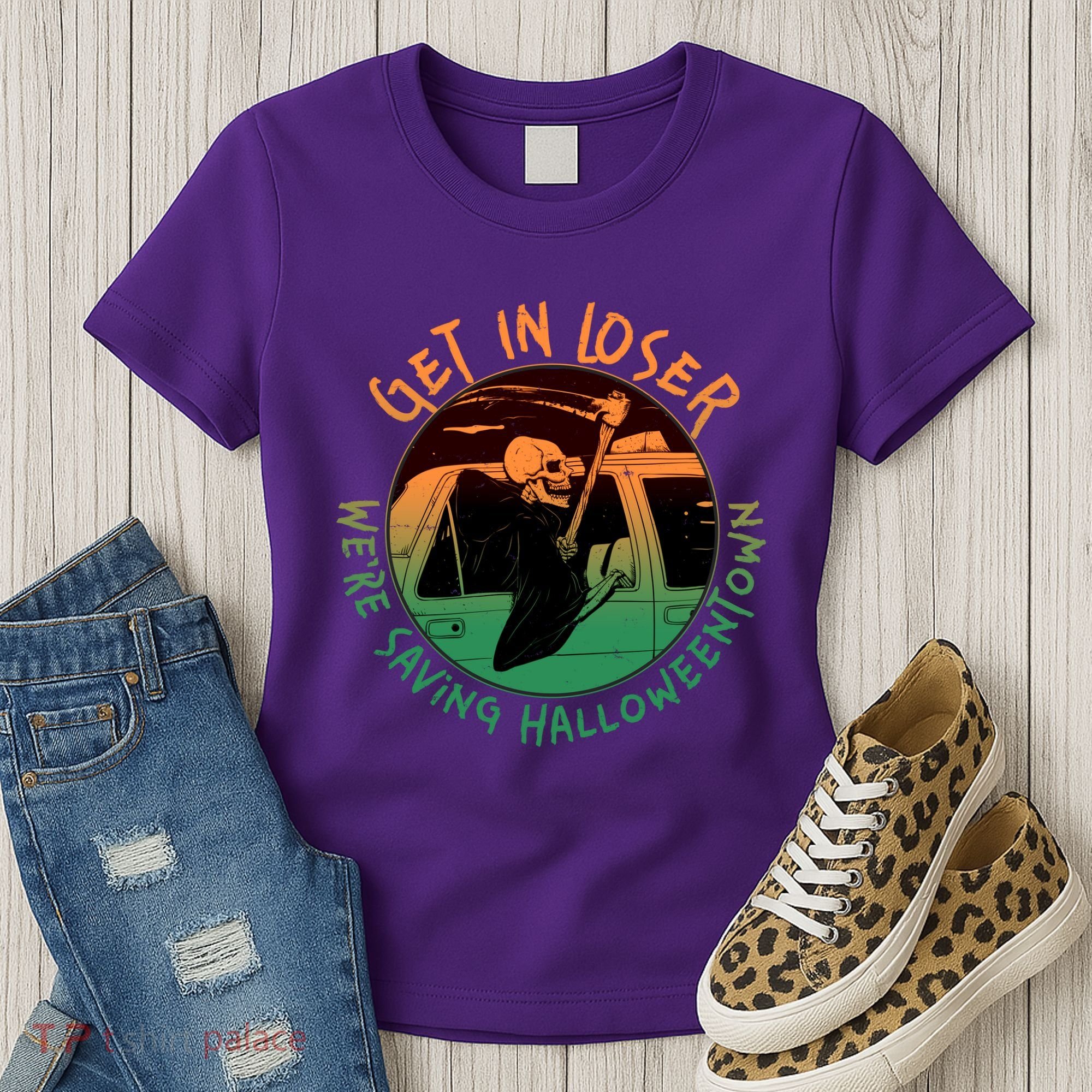 Funny Halloween Get In Loser We're Saving Halloweentown Grim Reaper Skeleton Women's T-Shirt