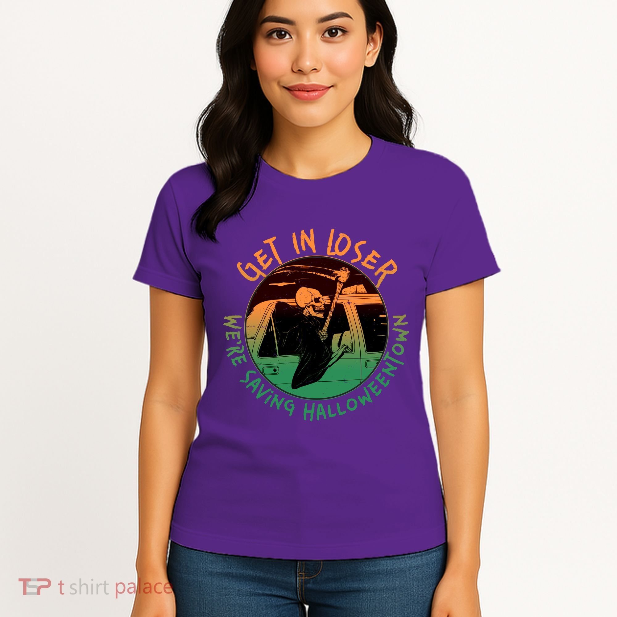 Funny Halloween Get In Loser We're Saving Halloweentown Grim Reaper Skeleton Women's T-Shirt