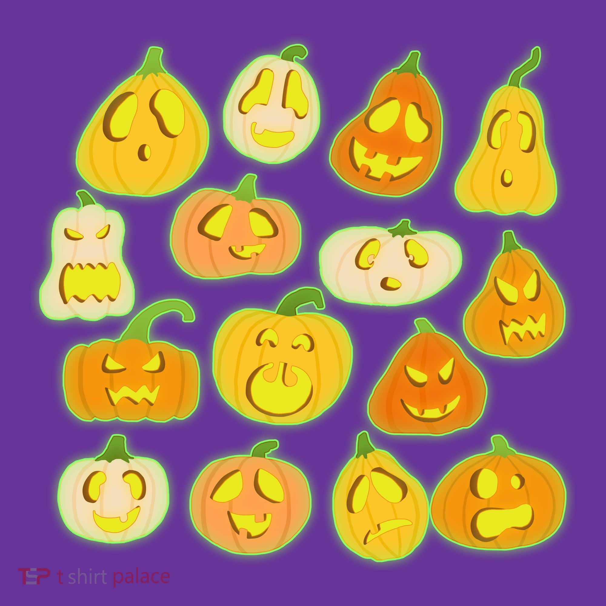 Funny Halloween Glowing Jackolantern Pumpkin Faces Long Sleeve Shirt