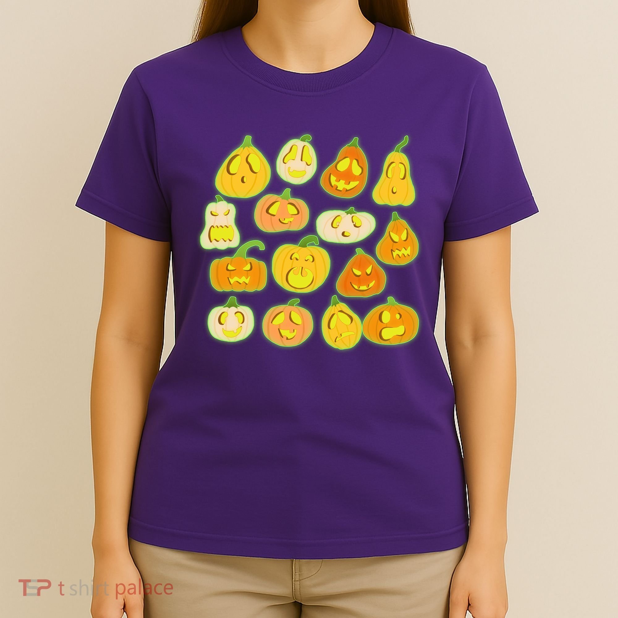 Funny Halloween Glowing Jackolantern Pumpkin Faces T-Shirt
