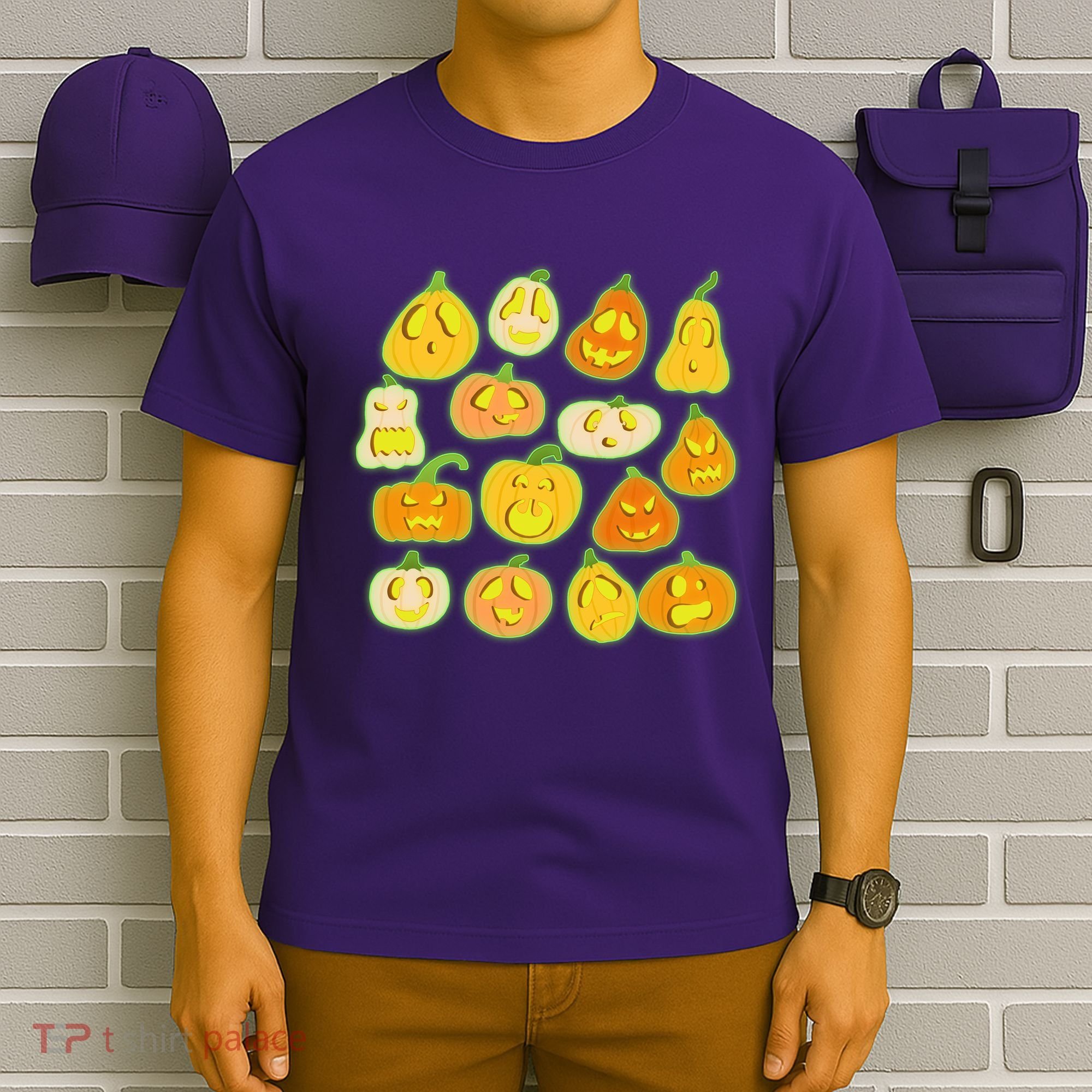 Funny Halloween Glowing Jackolantern Pumpkin Faces T-Shirt