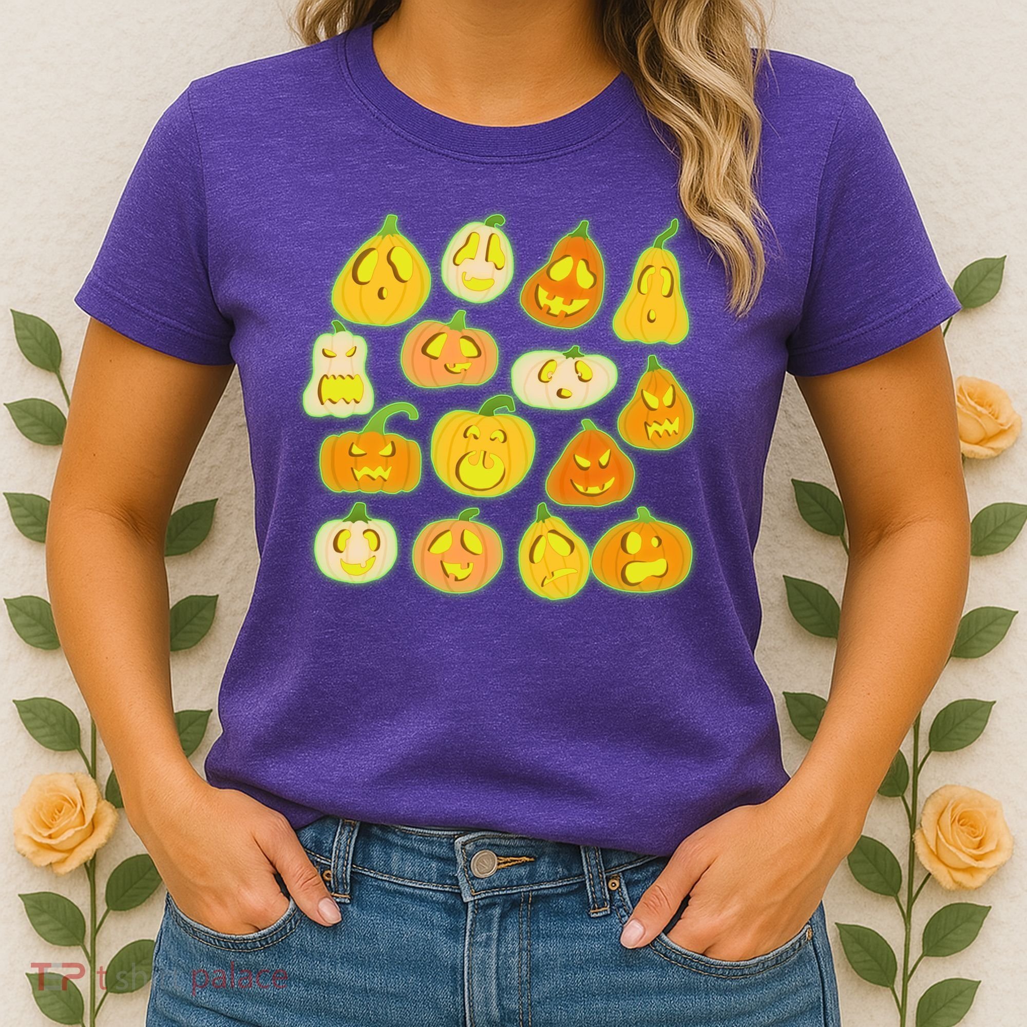 Funny Halloween Glowing Jackolantern Pumpkin Faces Women's T-Shirt