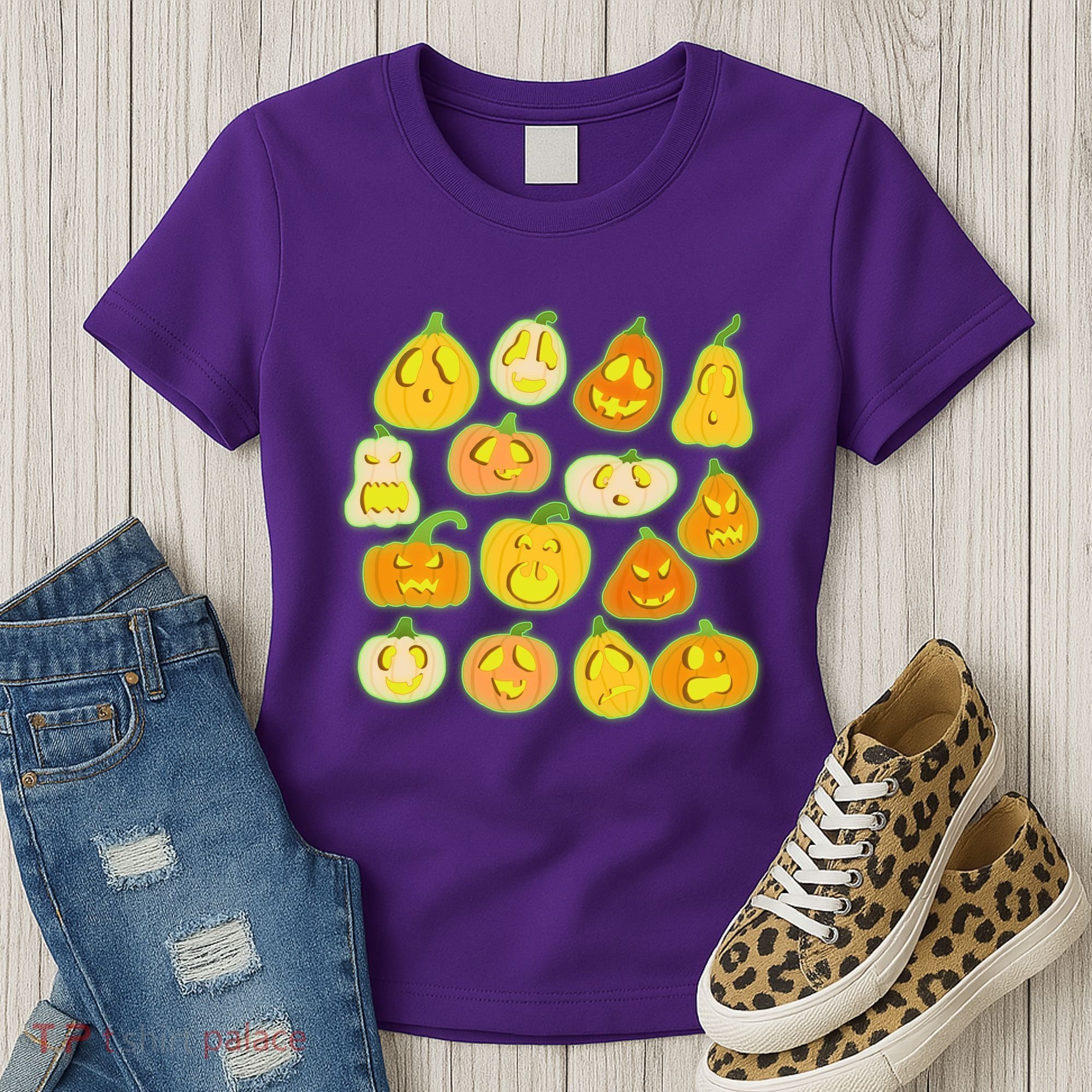 Funny Halloween Glowing Jackolantern Pumpkin Faces Women's T-Shirt
