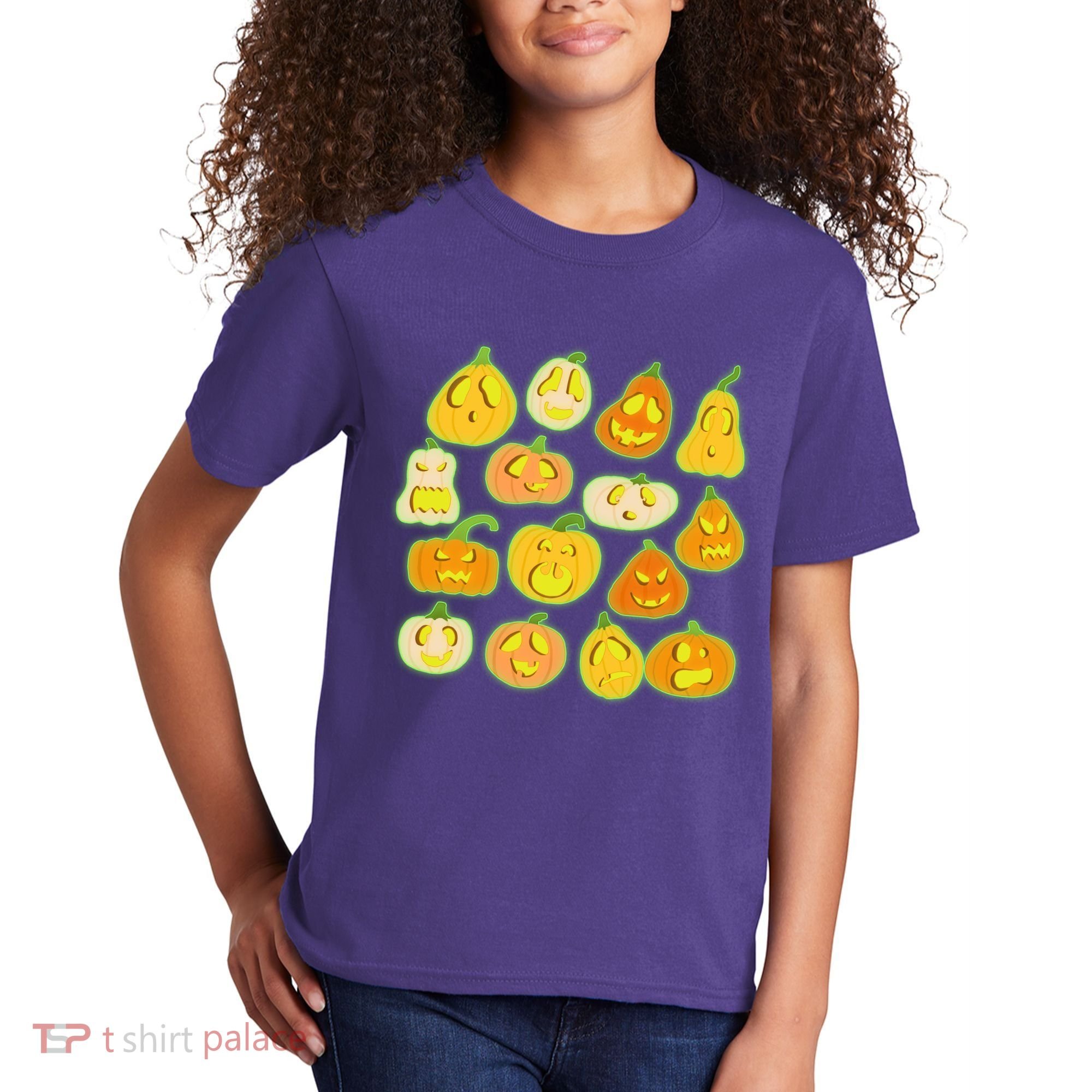 Funny Halloween Glowing Jackolantern Pumpkin Faces Kids T-Shirt