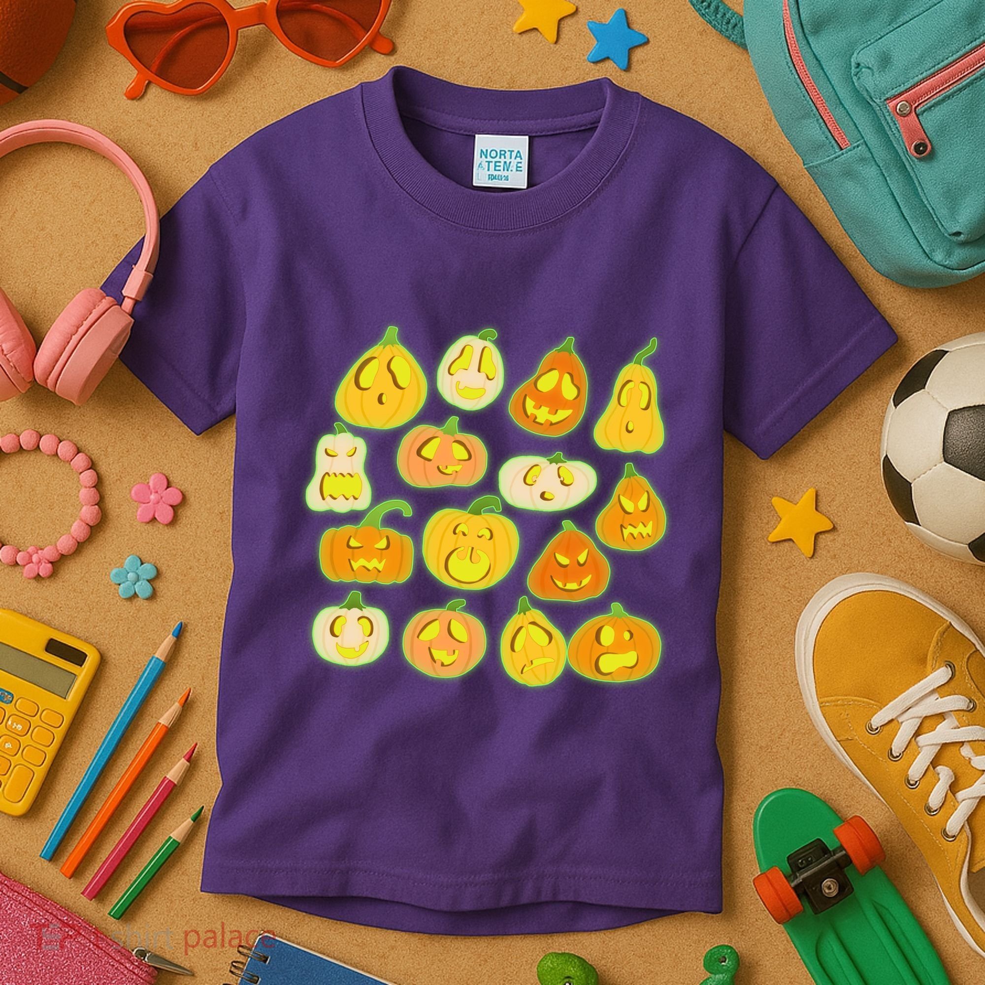 Funny Halloween Glowing Jackolantern Pumpkin Faces Kids T-Shirt