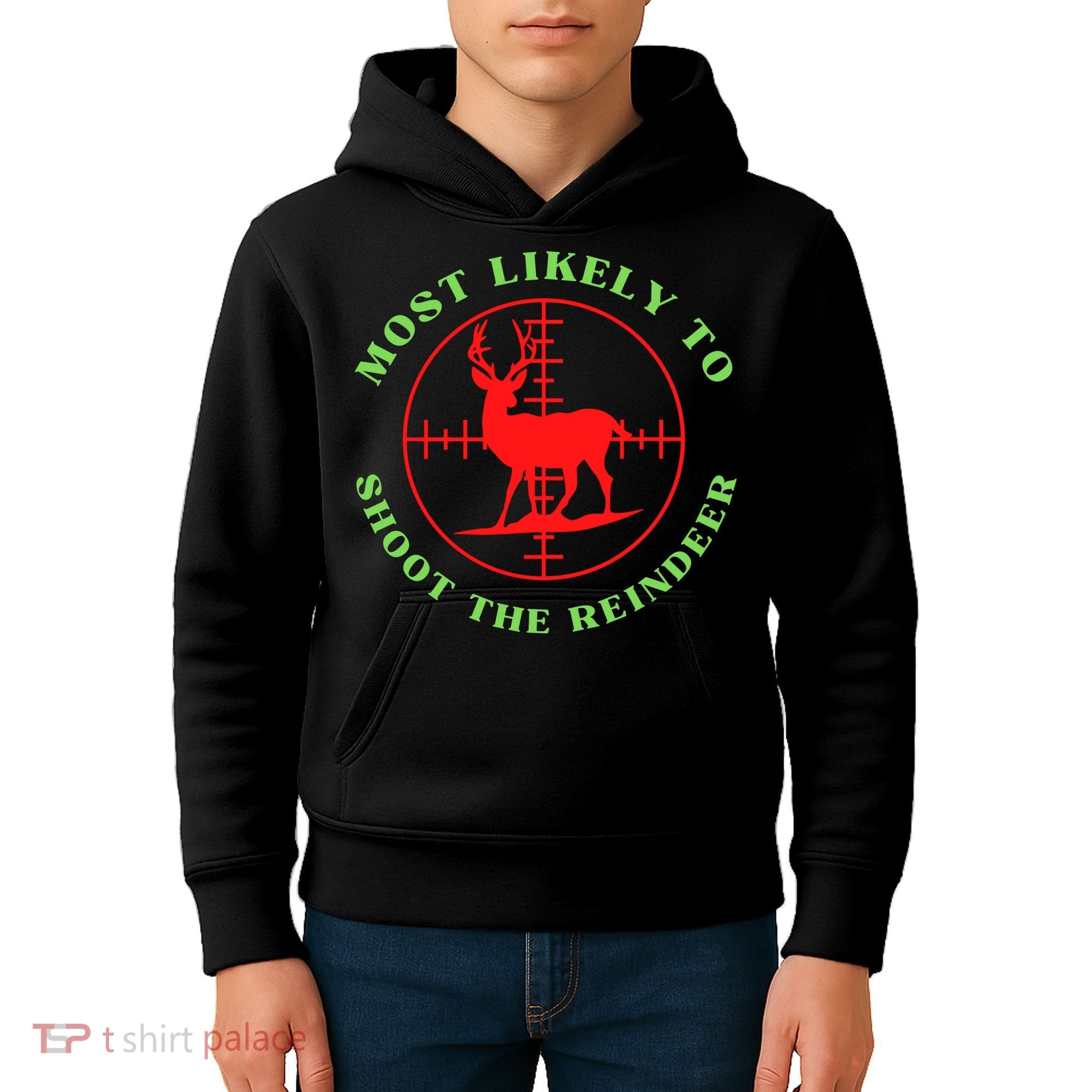 Funny Hunting Gift For Hunter Most Likely To Shoot The Reindeer Kids Hoodie