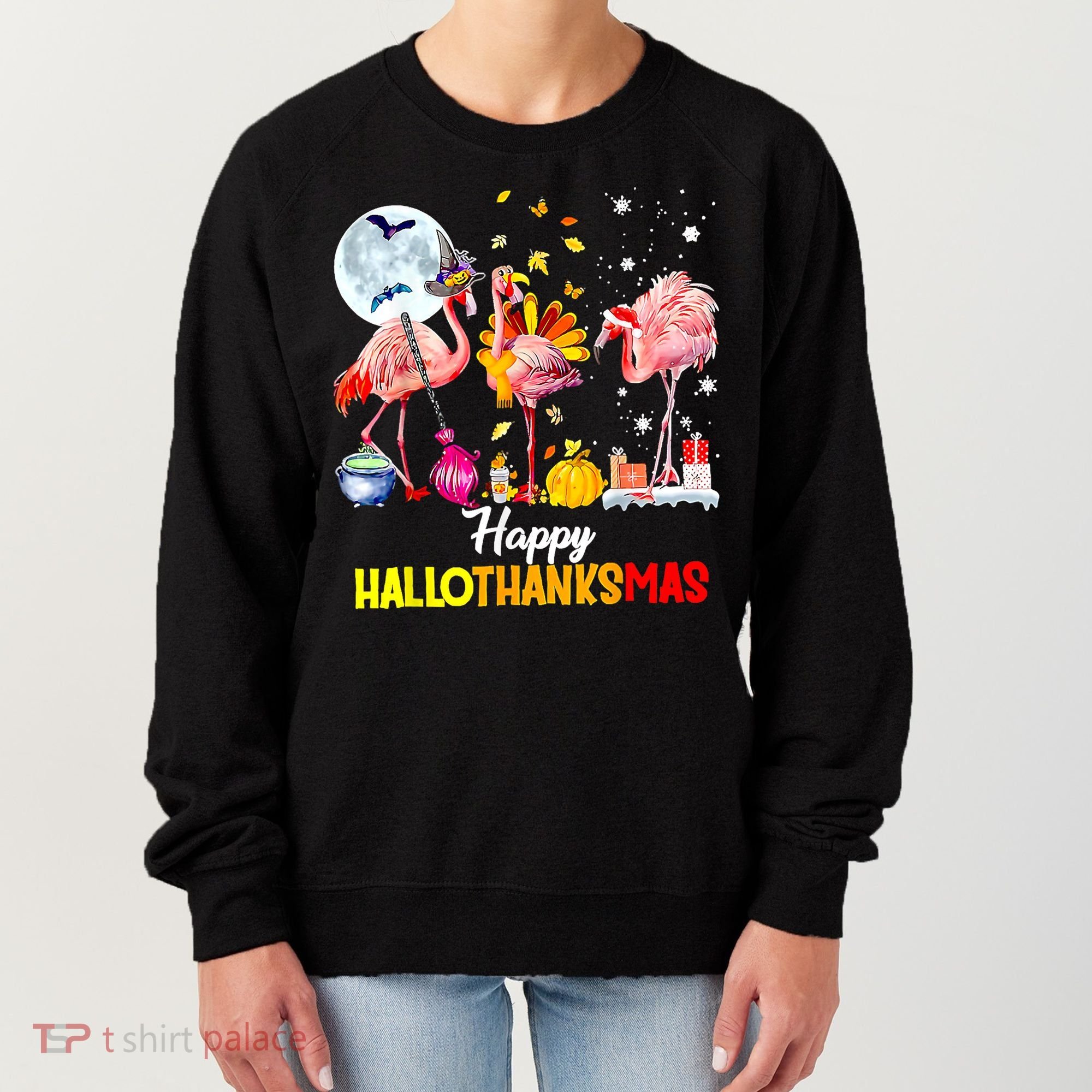 Flamingo Happy HalloThanksmas Funny Halloween Thanksgiving Women's Sweatshirt