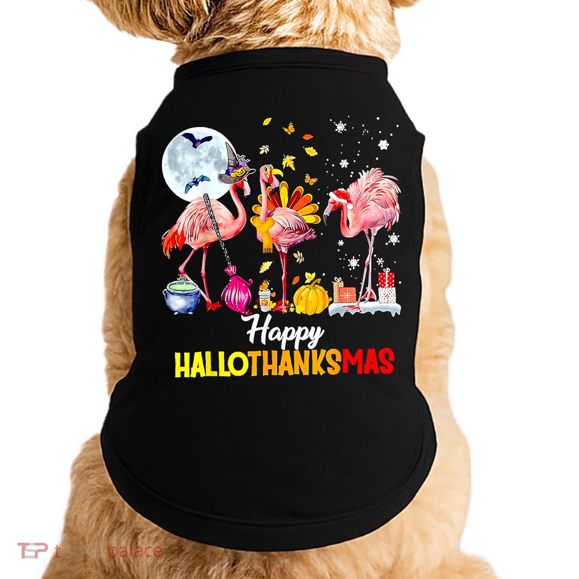 Flamingo Happy HalloThanksmas Funny Halloween Thanksgiving Doggie Tank