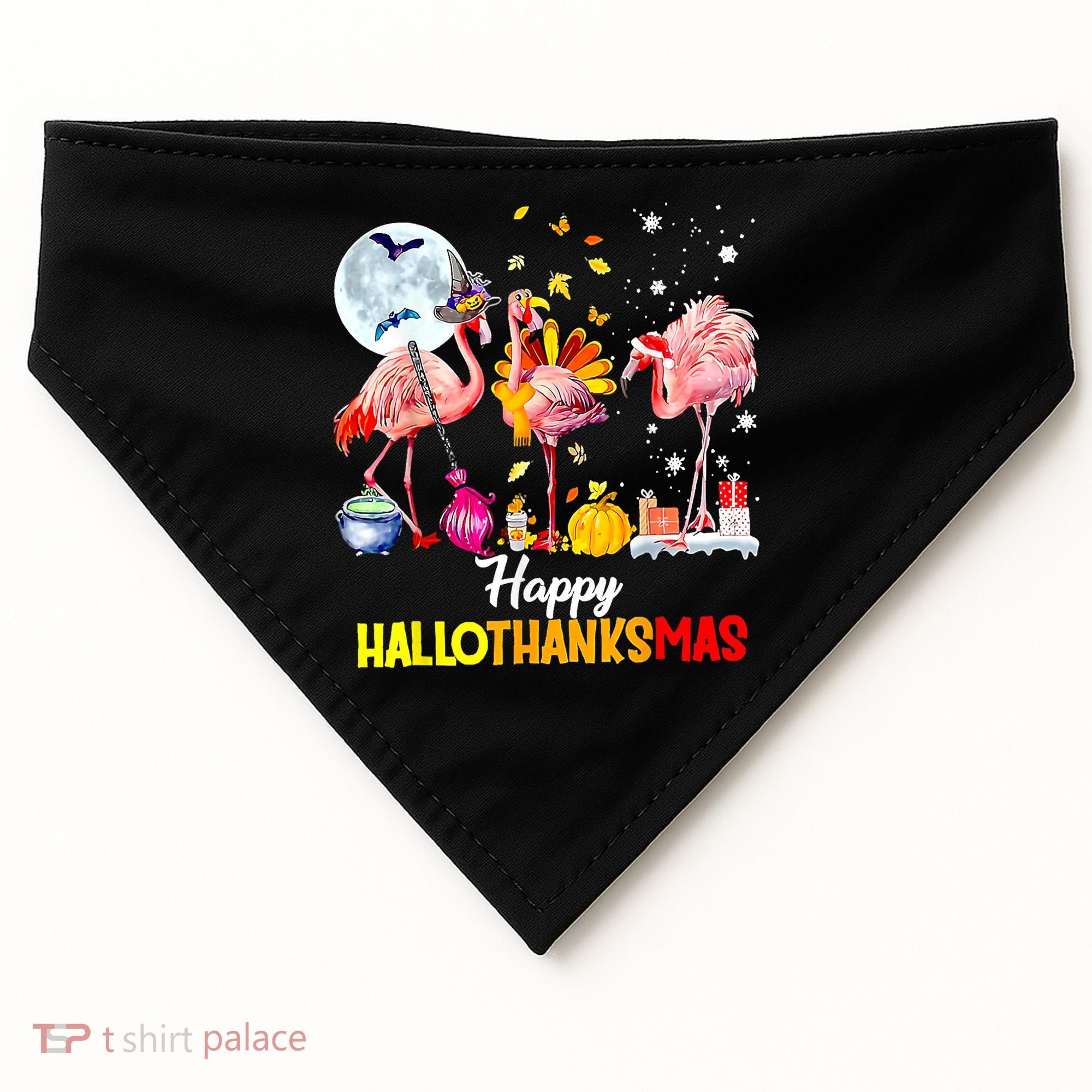 Flamingo Happy HalloThanksmas Funny Halloween Thanksgiving USA-Made Doggie Bandana