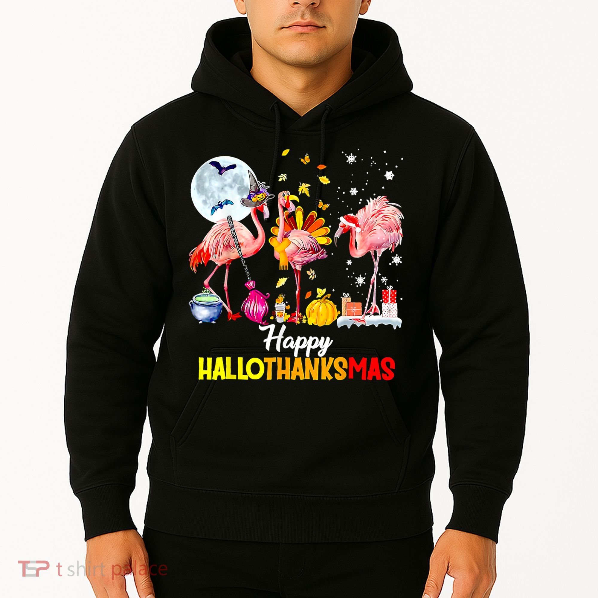 Flamingo Happy HalloThanksmas Funny Halloween Thanksgiving Hoodie