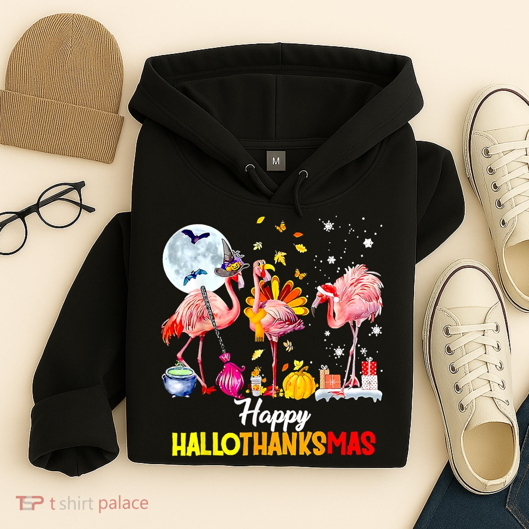 Flamingo Happy HalloThanksmas Funny Halloween Thanksgiving Hoodie