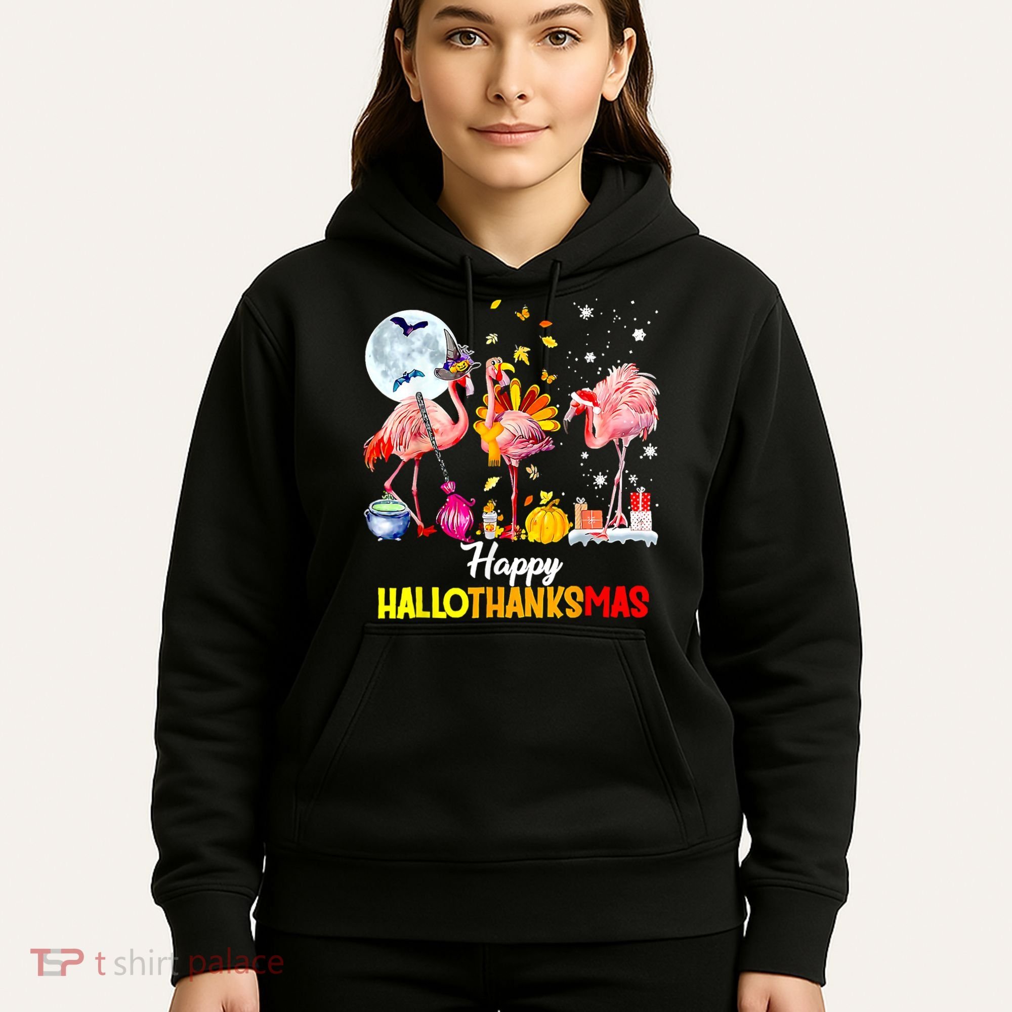 Flamingo Happy HalloThanksmas Funny Halloween Thanksgiving Hoodie