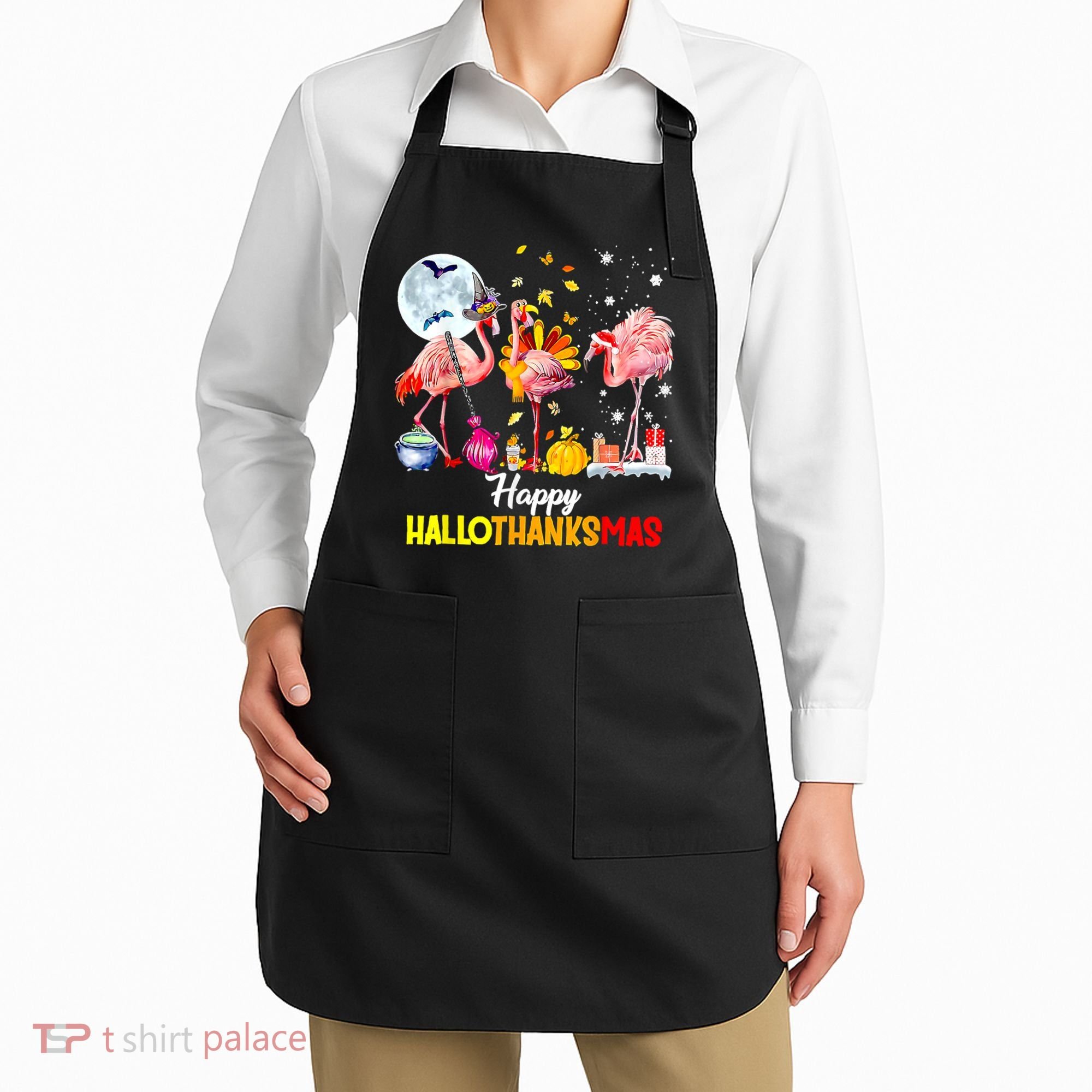 Flamingo Happy HalloThanksmas Funny Halloween Thanksgiving Apron