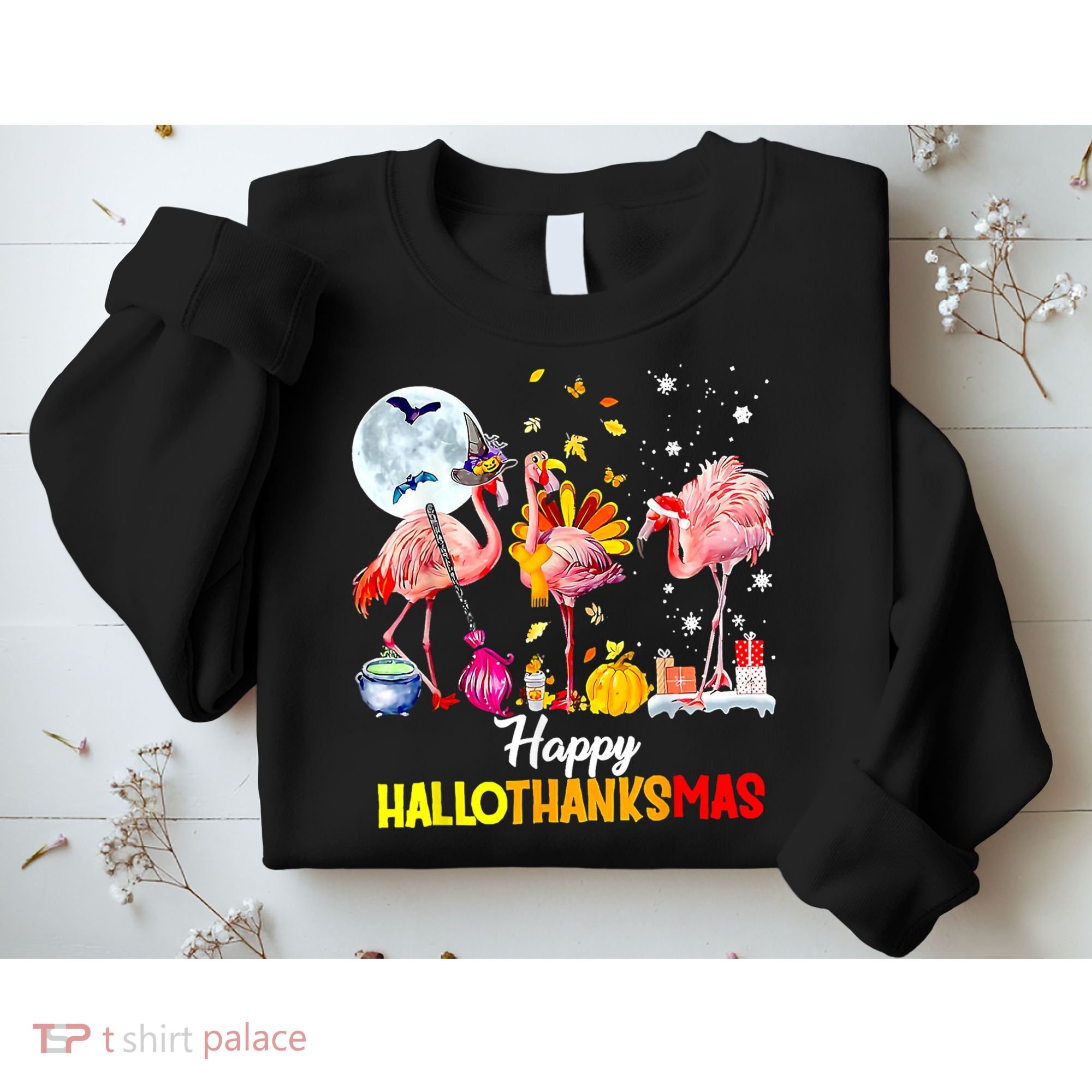 Flamingo Happy HalloThanksmas Funny Halloween Thanksgiving Sweatshirt