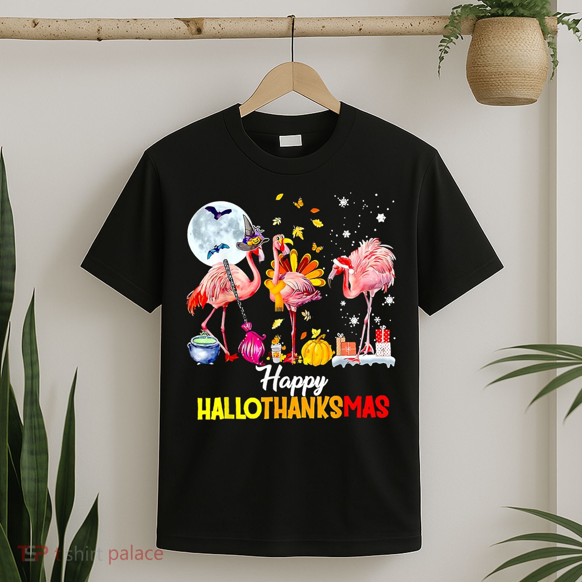 Flamingo Happy HalloThanksmas Funny Halloween Thanksgiving T-Shirt