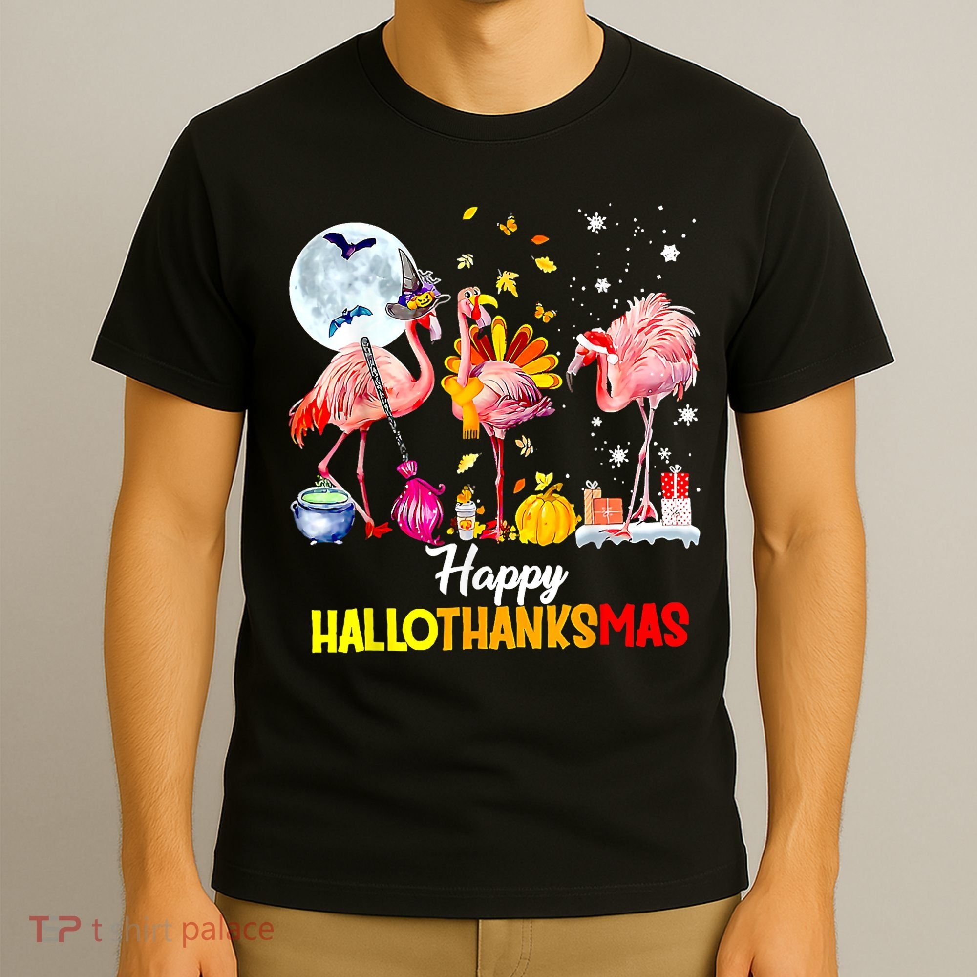 Flamingo Happy HalloThanksmas Funny Halloween Thanksgiving T-Shirt