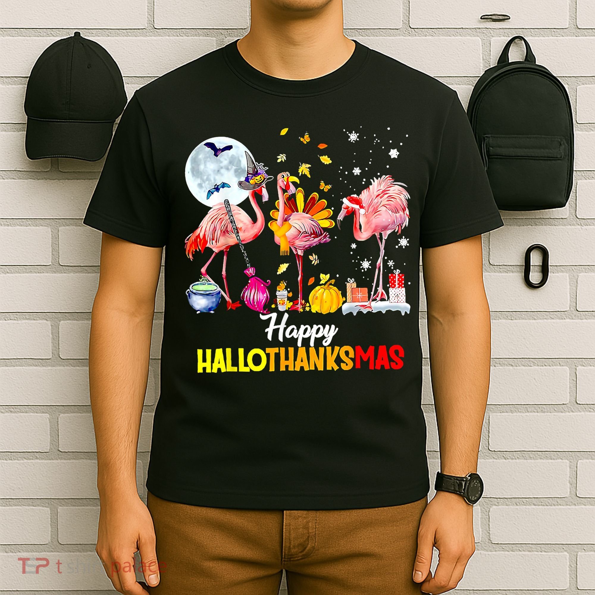 Flamingo Happy HalloThanksmas Funny Halloween Thanksgiving T-Shirt