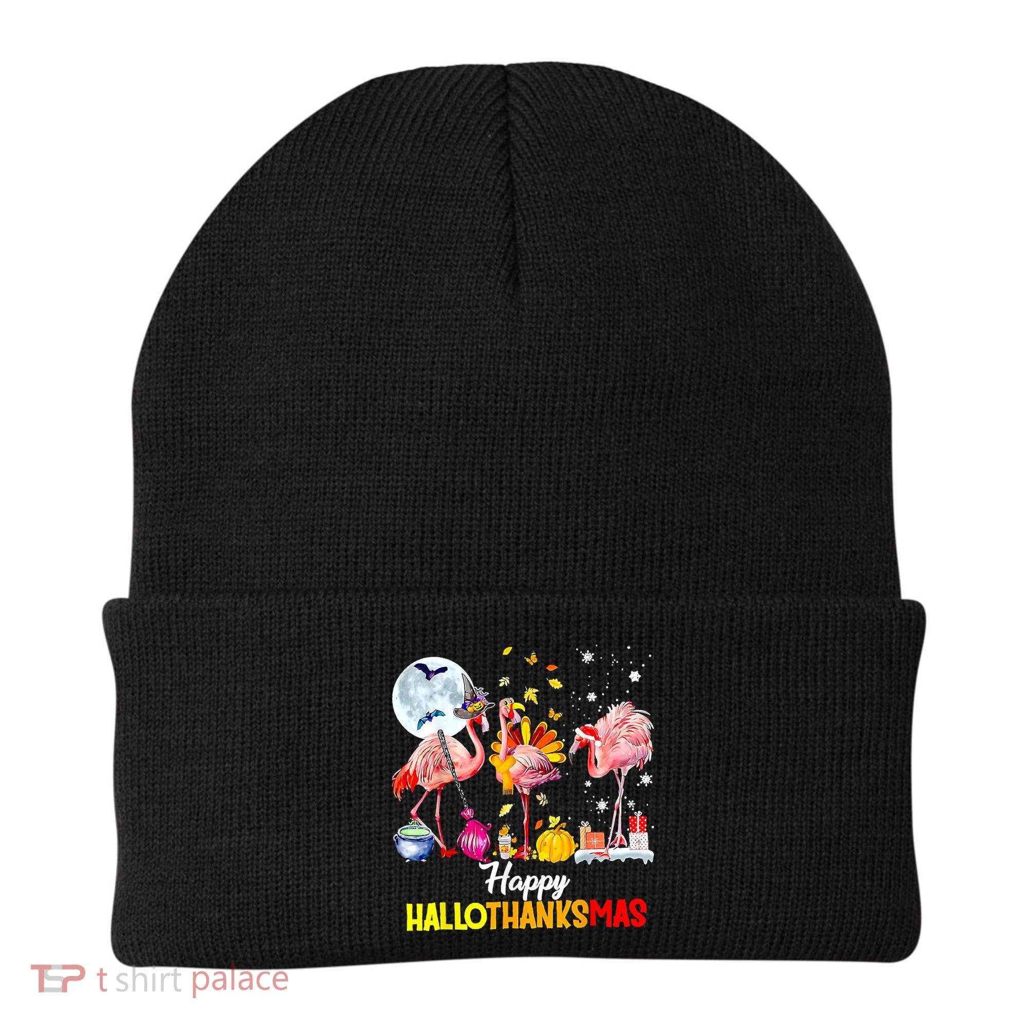 Flamingo Happy HalloThanksmas Funny Halloween Thanksgiving Beanie