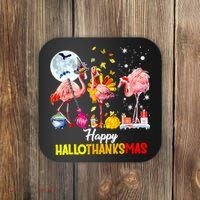 Flamingo Happy HalloThanksmas Funny Halloween Thanksgiving Coaster thumb 0
