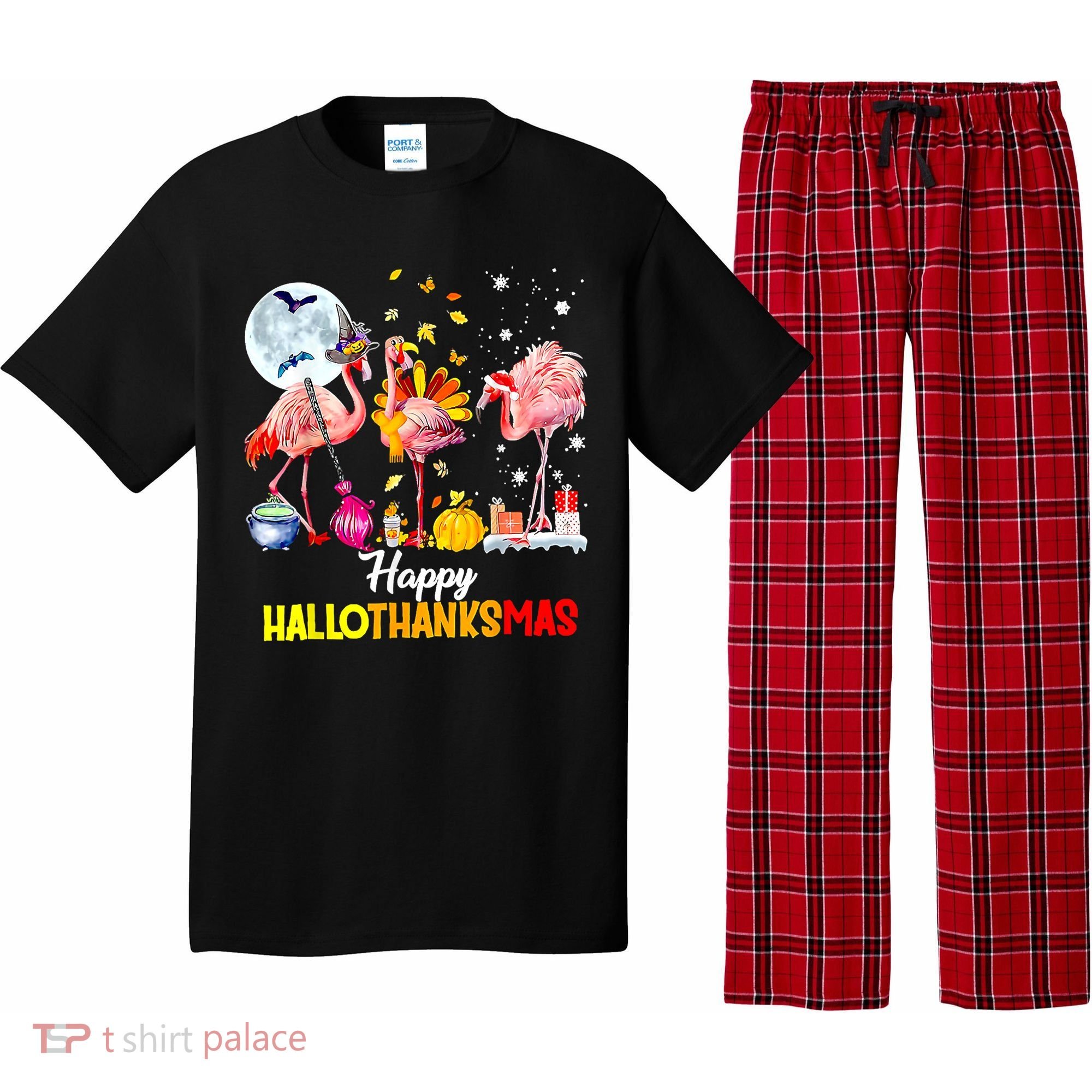 Flamingo Happy HalloThanksmas Funny Halloween Thanksgiving Pajama Set