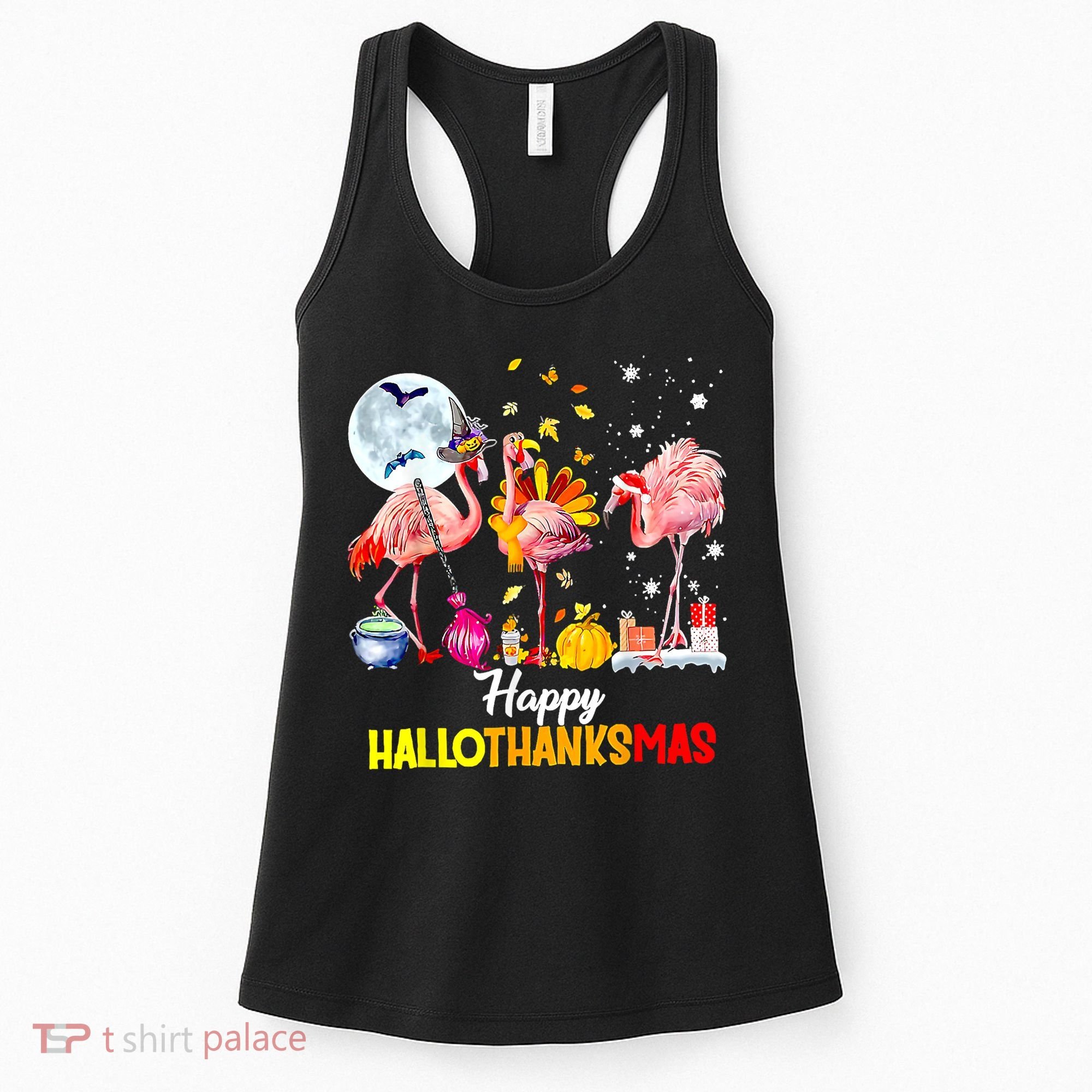Flamingo Happy HalloThanksmas Funny Halloween Thanksgiving Women's Tank Top
