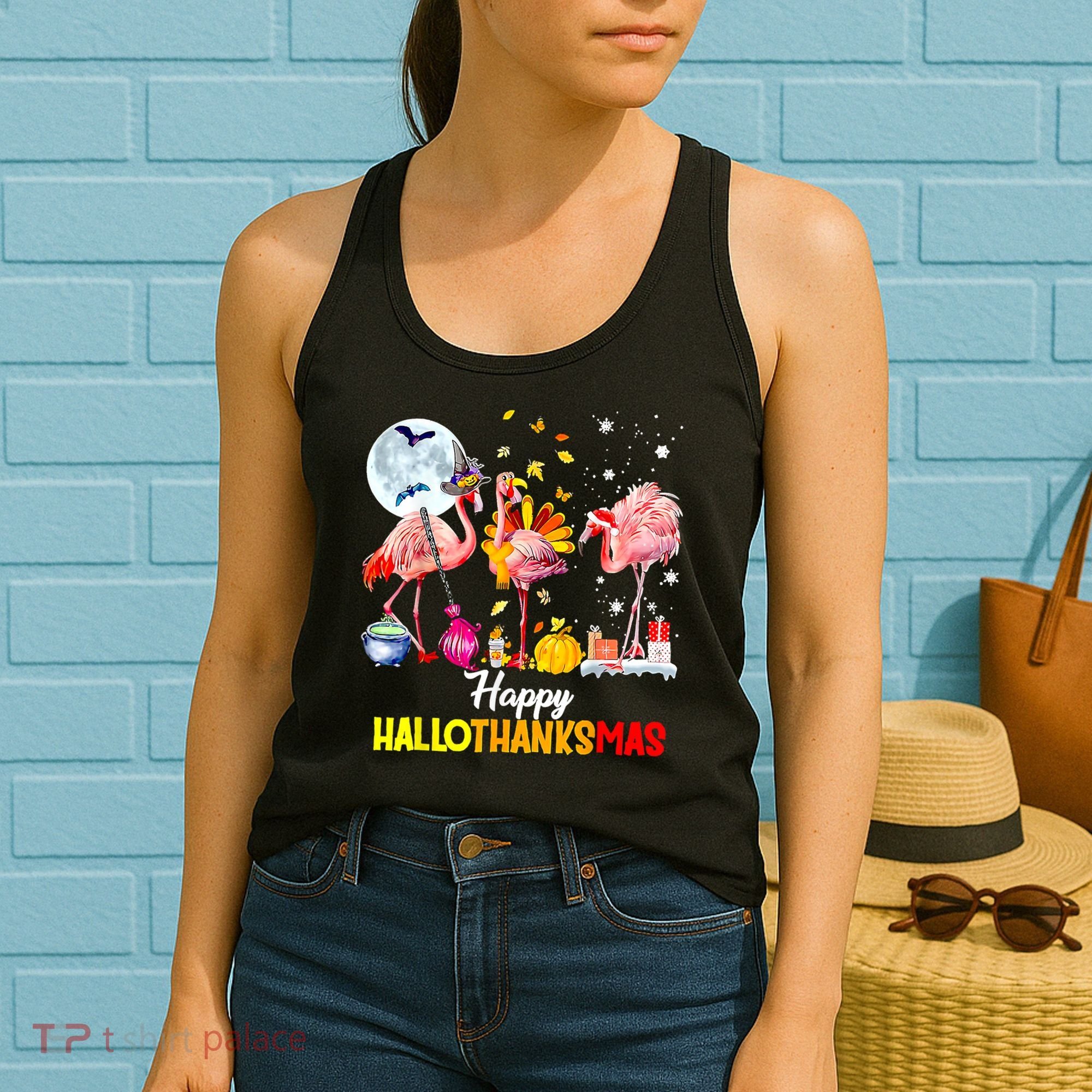 Flamingo Happy HalloThanksmas Funny Halloween Thanksgiving Women's Tank Top