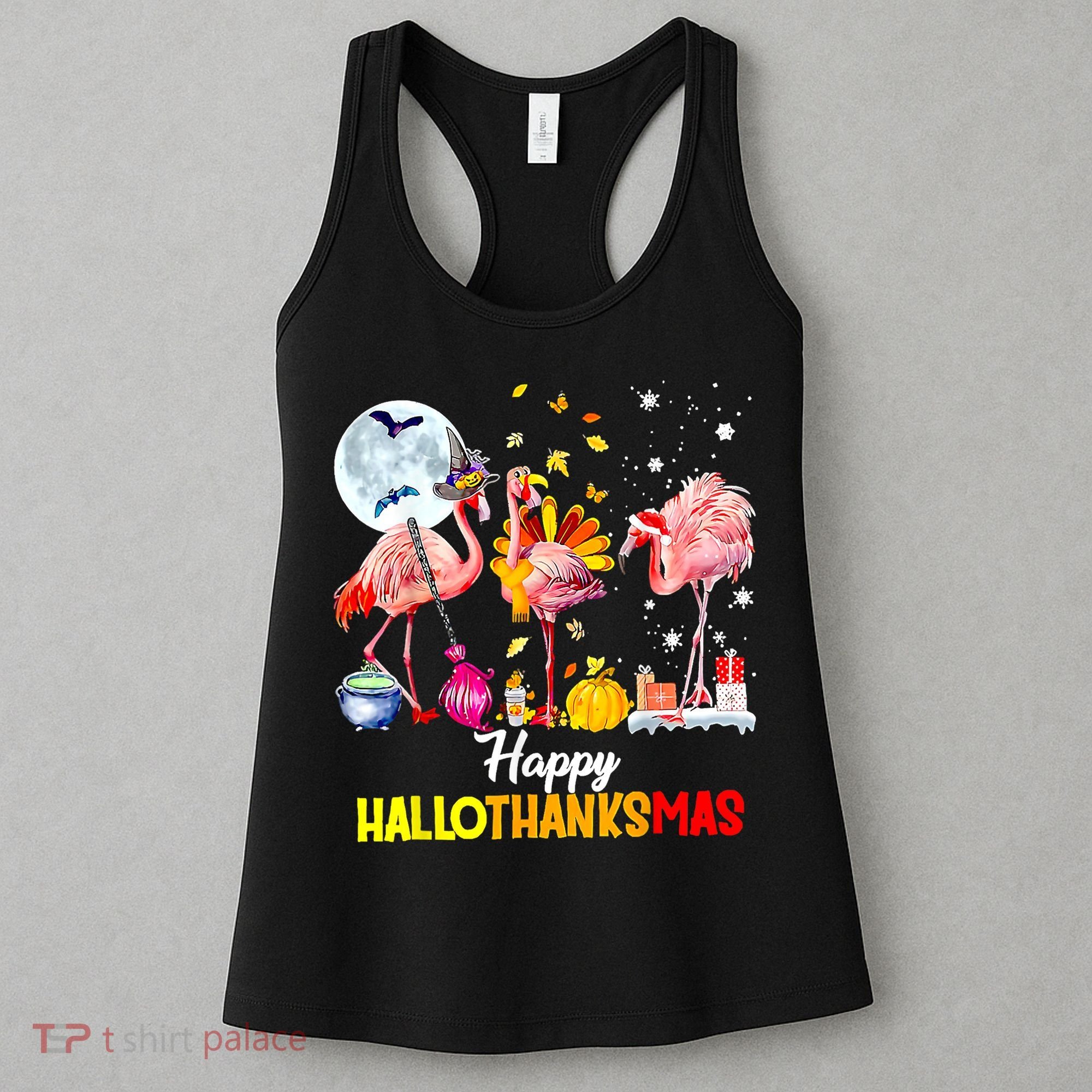 Flamingo Happy HalloThanksmas Funny Halloween Thanksgiving Women's Tank Top