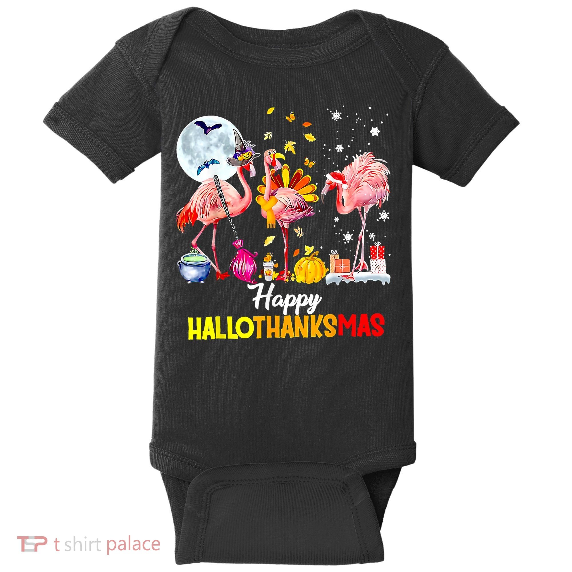 Flamingo Happy HalloThanksmas Funny Halloween Thanksgiving Baby Bodysuit