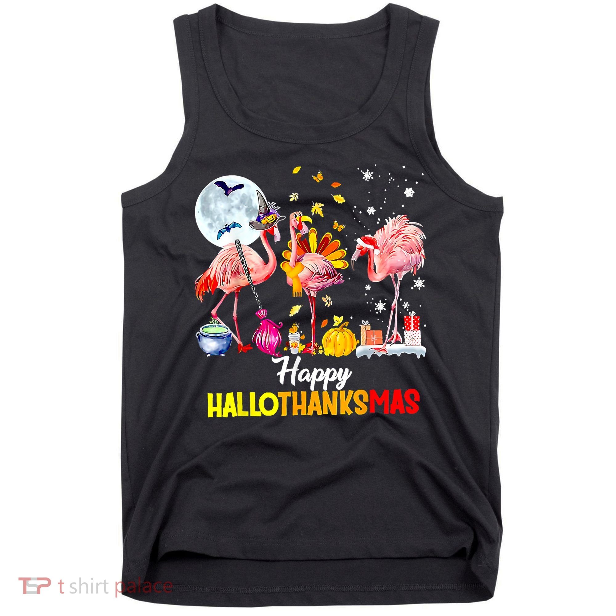 Flamingo Happy HalloThanksmas Funny Halloween Thanksgiving Tank Top