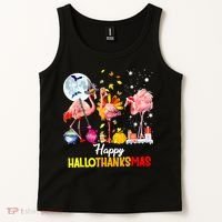 Flamingo Happy HalloThanksmas Funny Halloween Thanksgiving Tank Top thumb 2