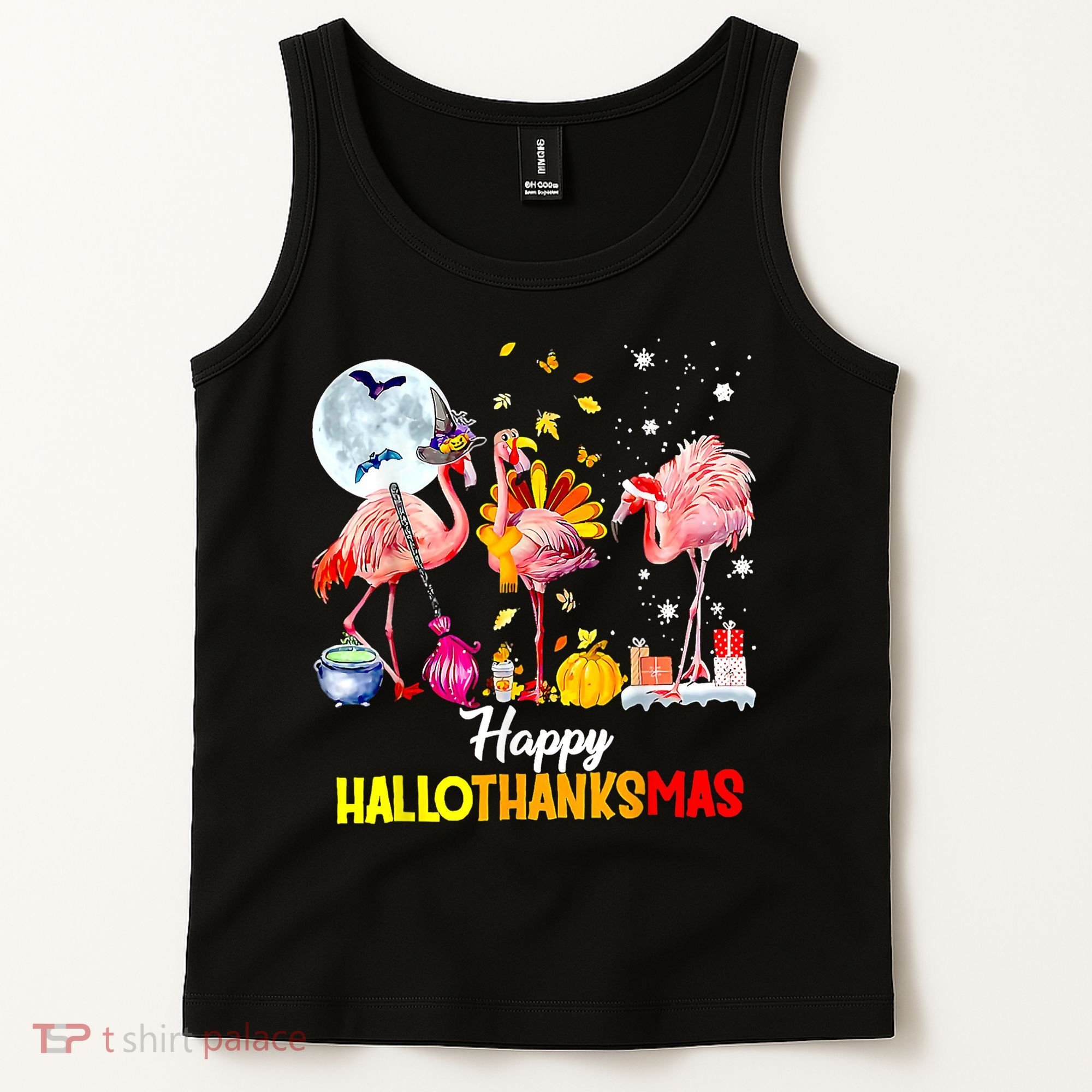 Flamingo Happy HalloThanksmas Funny Halloween Thanksgiving Tank Top