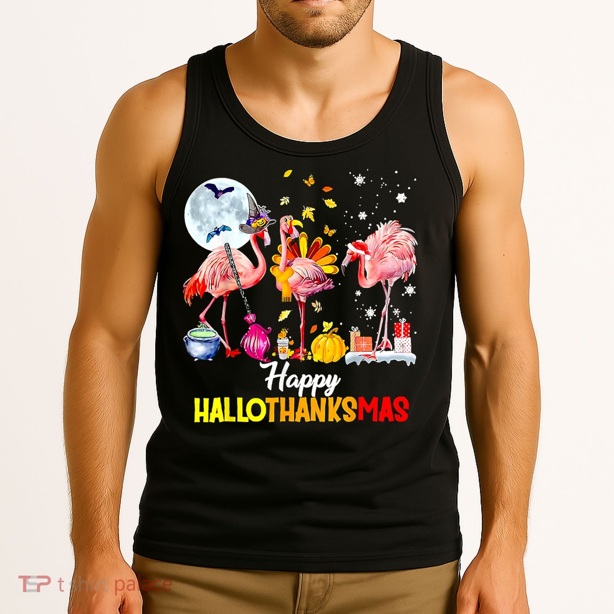 Flamingo Happy HalloThanksmas Funny Halloween Thanksgiving Tank Top