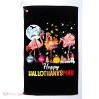 Flamingo Happy HalloThanksmas Funny Halloween Thanksgiving Golf Towel thumb 0
