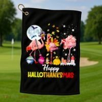 Flamingo Happy HalloThanksmas Funny Halloween Thanksgiving Golf Towel thumb 1