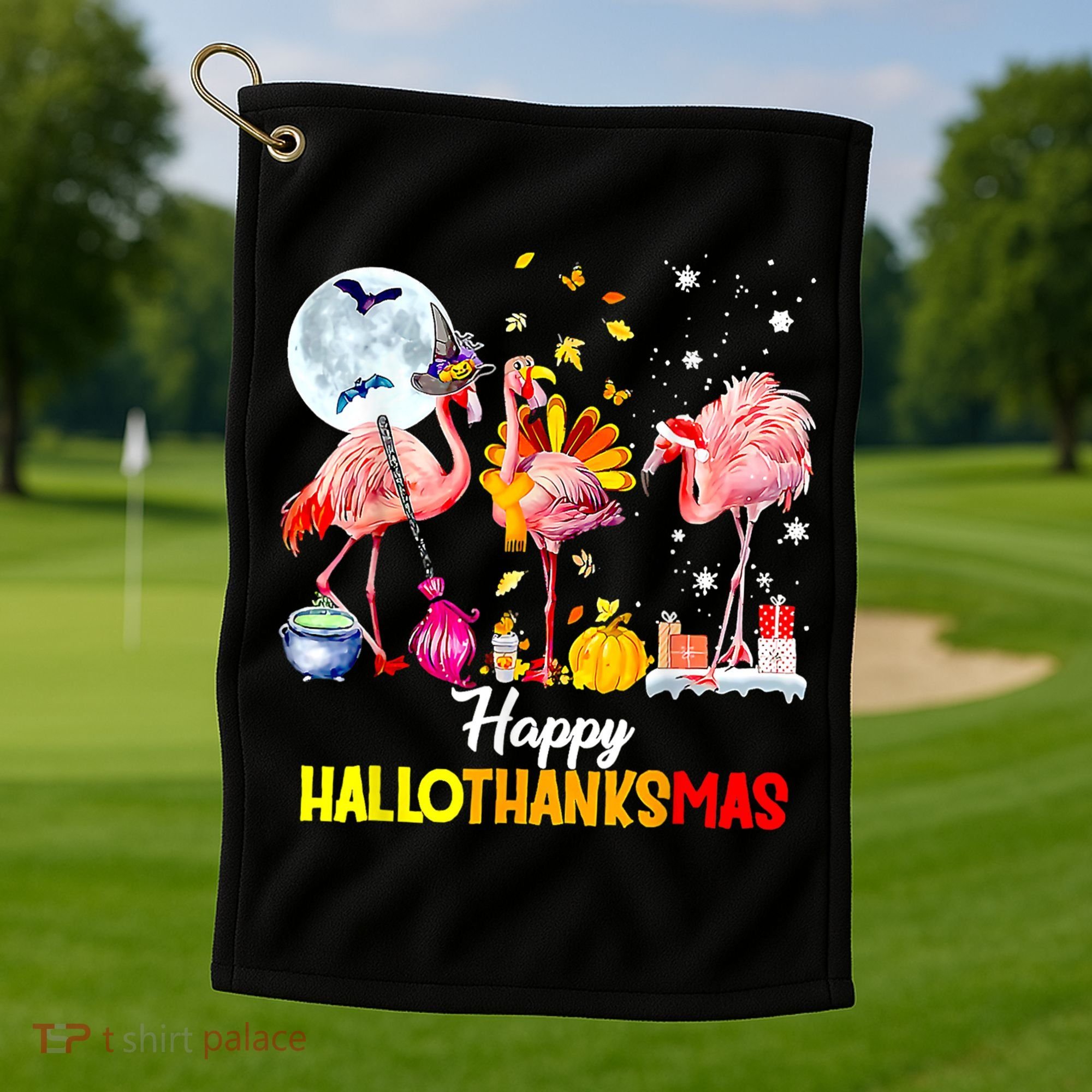 Flamingo Happy HalloThanksmas Funny Halloween Thanksgiving Golf Towel