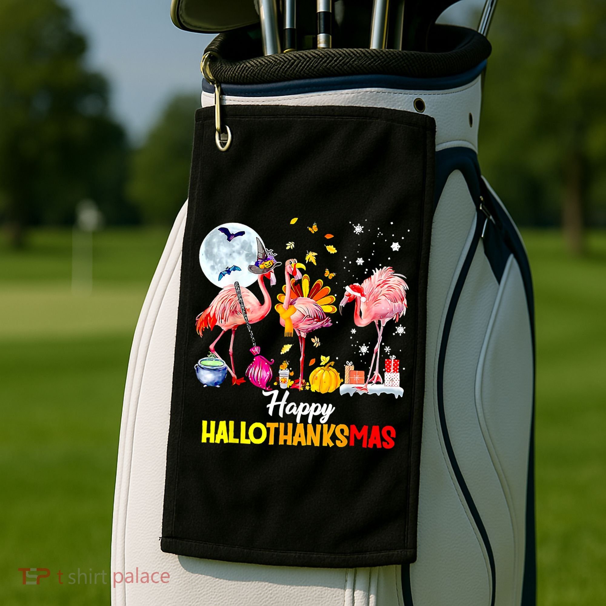 Flamingo Happy HalloThanksmas Funny Halloween Thanksgiving Golf Towel